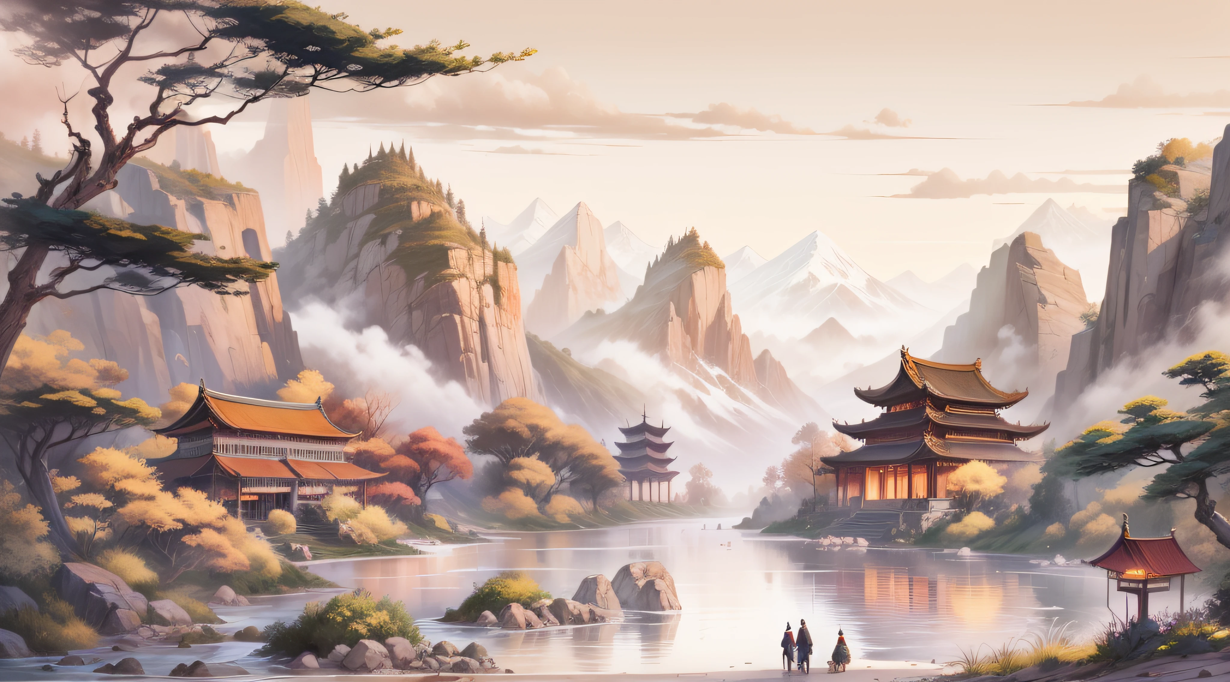 Ancient Chinese landscapes, ancient buildings, pavilions, carved beams and painted buildings, beautiful mountains and rivers, inspired by Jin Yong martial arts, sunlight, ink painting style, clean colors, decisive cutting, blank space, freehand, masterpiece, super detailed, epic composition, high quality , highest quality, pixar style, oversaturated, surreal, artgerm --v 6