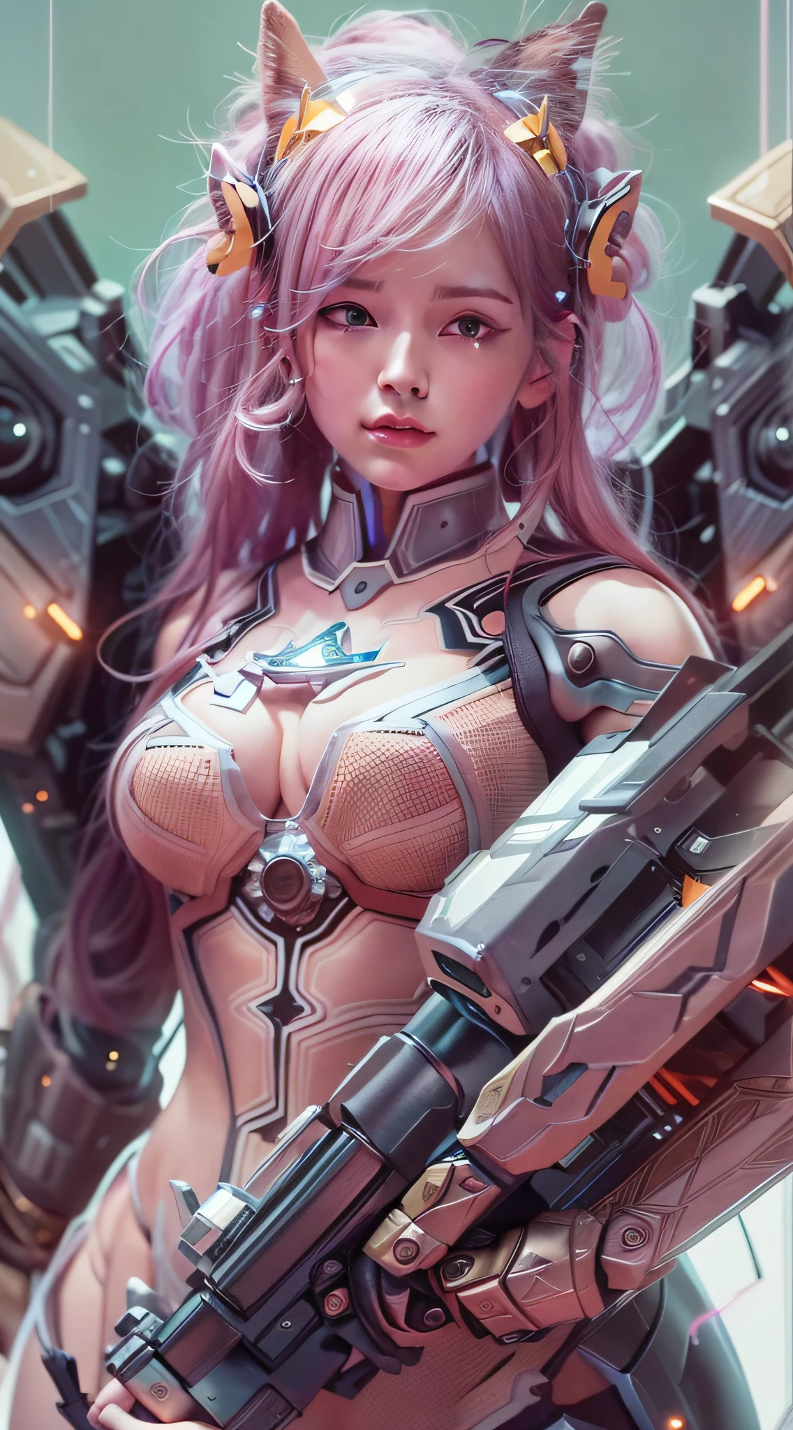 Close-up of a woman in pink holding a gun, girl in mecha cyber armor, IG model | Art germ, Extremely detailed Artgerm, female mecha, G Liulian art style, Mechanized Valkyrie girl, ethereal and mecha theme, inspired by Yanjun Cheng, Artgerm and Atey Ghailan,8K Ultra Clear