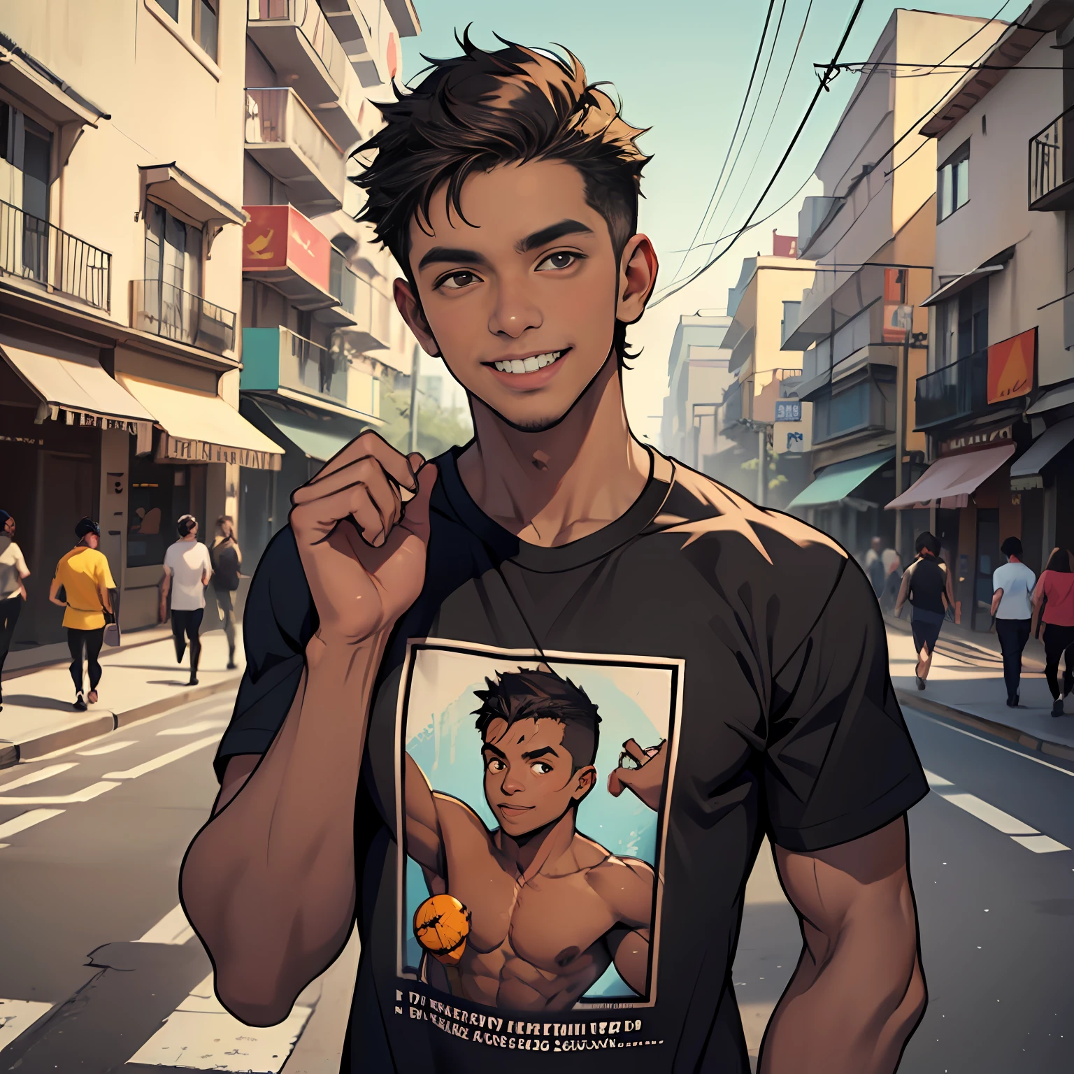 camiseta color negrototalmente ,camiseta totalmete negra y ajustada al cuertpo ultra realista, -yeld boith brown cinnamon skin, cuerpo atletico tonificado cabello liso,masculino serio pensativo observador tiene el dorso desnudo camiseta negra ajustada al cuerpo caminando, sonriendo  por las calles de una moderna ciudad un amigo cernaco se acerca por atras y lo abraza