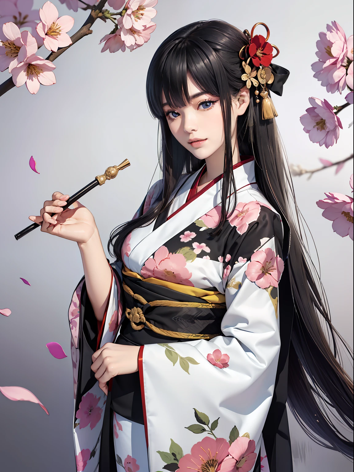 Mature girl、Long Black Hair、A slight smile、Black-haired、Colorful Japan kimono、Nishijin Ori、Delicate and smart eyes、intricate damask hanfu、Luxury accessories、FOV、F1.8、masterpiece、complex scenes、flower petals flying、Diagonal portrait shot、