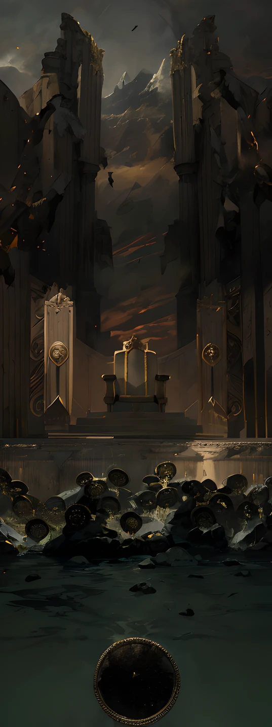 Absurdo, alto, ultra detalhados, (nenhum humano:1.3), Improve the pilasters of the castle put details in silver and gold Break Make a great throne of stone and epic gold in the center of the image (Trono de Espadas). Make a strong divine light from the sky to the top of the castle. throw used swords and shields on the ground