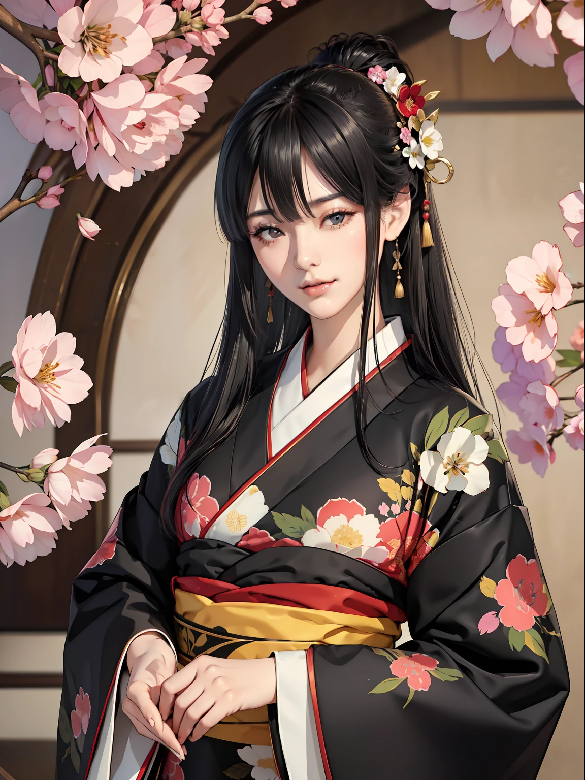 Mature girl、Long Black Hair、A slight smile、Black-haired、Colorful Japan kimono、Nishijin Ori、Delicate and smart eyes、intricate damask hanfu、Luxury accessories、FOV、F1.8、masterpiece、complex scenes、flower petals flying、Diagonal portrait shot、