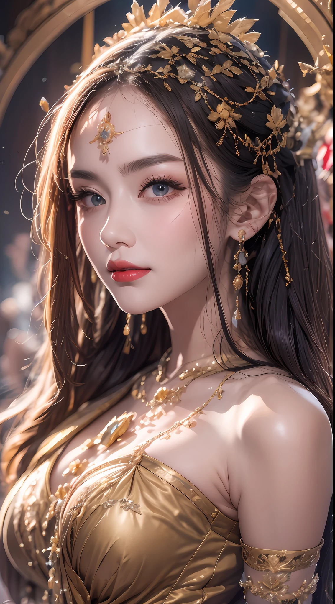 Portrait of a 27-year-old saint,Charming adult saint in a long dress made of thin silk, beautiful saint with an old face, adult, wearing a thin multicolored silk dress, beautiful face without blemishes, (((Closed smile:1.3))), ((7-color hair length:1.2)), big crown, hair brooch, hanfu dress, chinese ancient style, full body jewelry, forehead tattoo, super even chest, face, innocent face, The most beautiful and detailed light red lipstick, ((Thin plump lips:0.3)), ((Golden Eyes color:0.6)), Detailed and delicate lighting effects, light and dark, dramatic lighting, magical light, extremely detailed light, true color, super sharp, realistic, 8k quality, fantasy universe background, saints and magical space, the most detailed images, ((Solo:0.3)), ((a saintess:0.6)), ((looking directly at the saint's upper body:0.4)), ((smooth skin:0.5)), ((the holy woman's veil:0.6)),