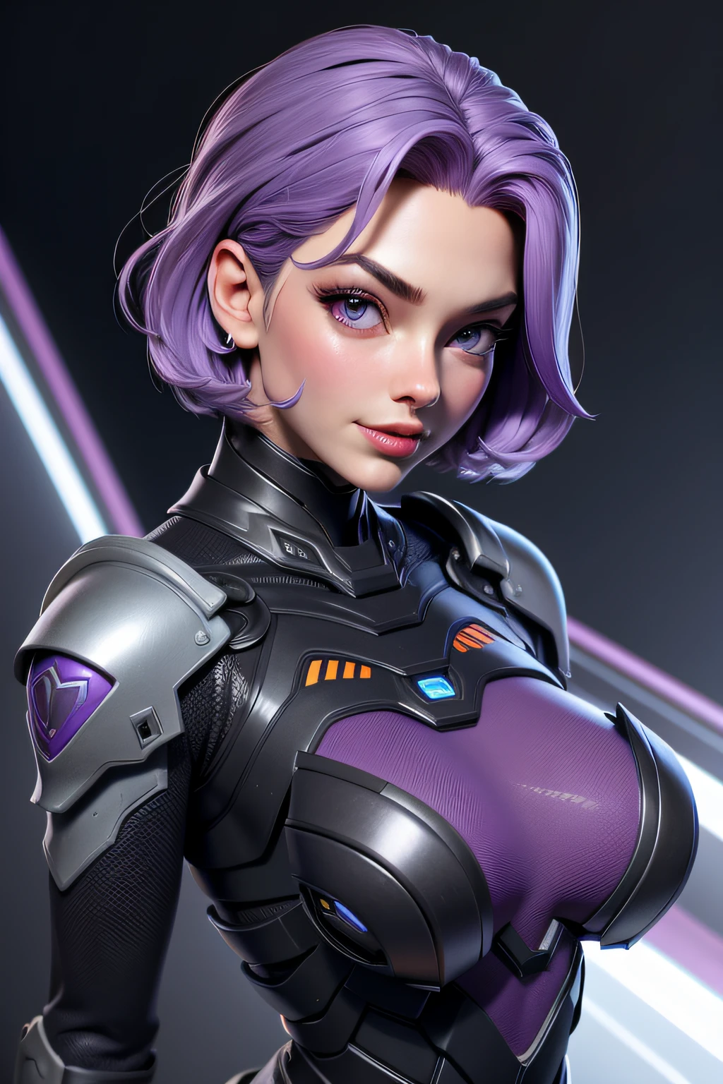 3dmm style,a  portrait of a giant [seductress|babe] , science fiction, [(crNanosuit|War_Glam)::0.5], [power armor|armor] ,armored, wearing [(crNanosuit|War_Glam)::0.5]_breastplate, perfect face, pretty face, purple eyes, purple hair, very short hair, flat chest, lush detail, absurdres,