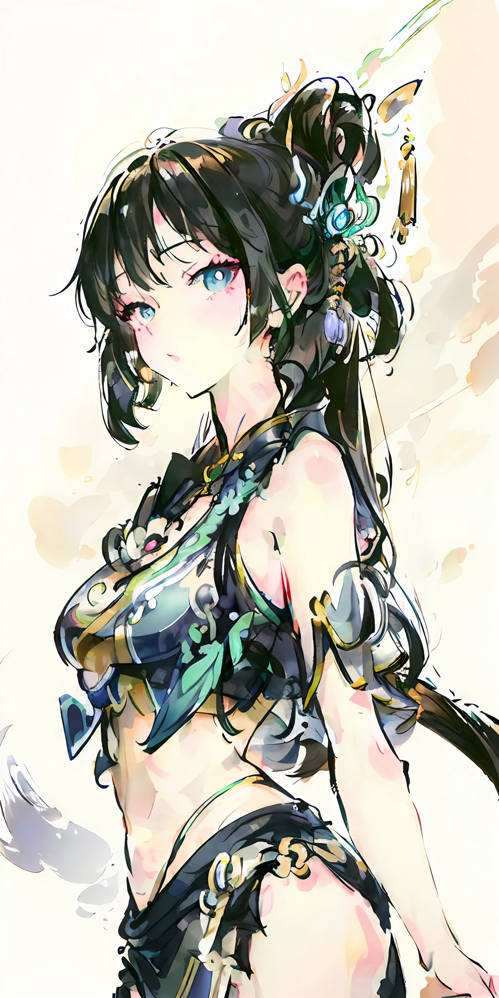 (Photorealistic:1.4), (Masterpiece, side-lighting, fine detailed beautiful eyes: 1.2), Masterpiece*Portrait, Realistic, 3D face, Glowing eyes, Shiny hair, Glossy glossy skin, Solo, embarressed, (midriff),Traditional Chinese painting