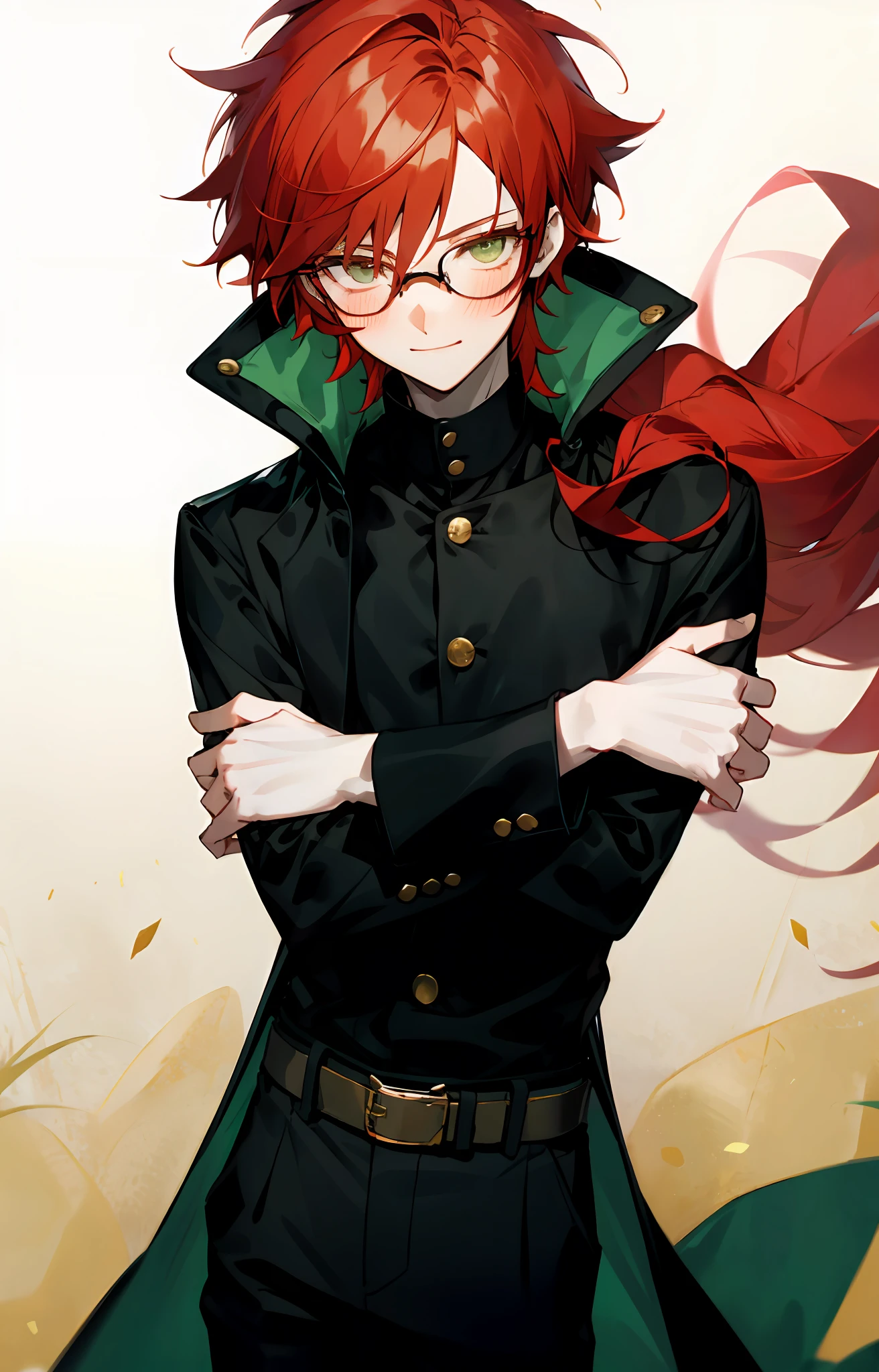 (masterpiece, best quality), Anime boy, young man, solo, 1 boy solo, red hair, messy red hair, messy short red hair, pale skin, dark under eyes, dark eyebags, tired, modern clothes, detailed, glasses, black glasses, dark green eyes, hands, black shirt, black pants, belt, golden buttons, long dark green coat, short coat collar, blushing, shy, smiling softly