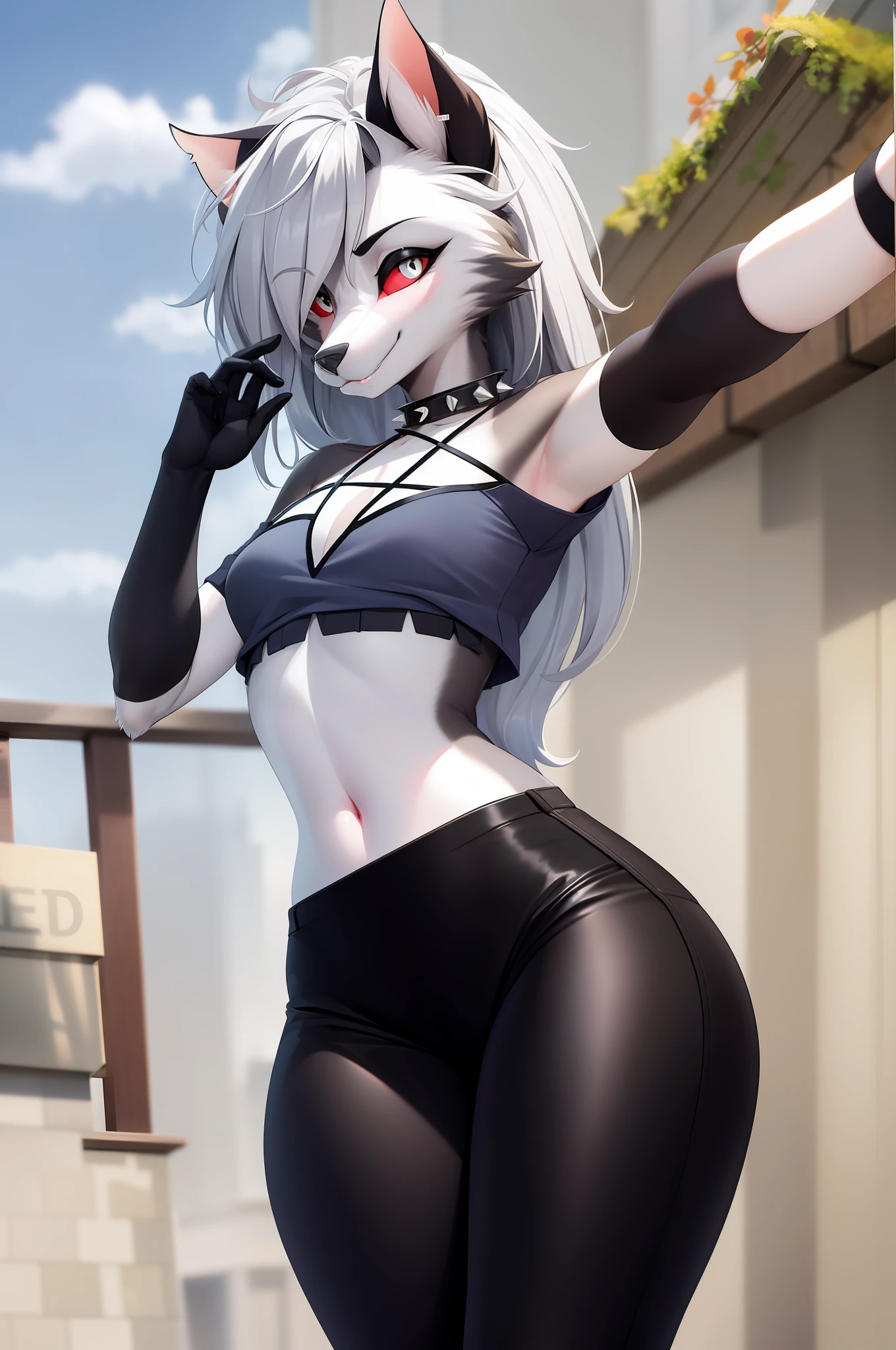 Masterpiece, Best Quality, facial portrait of a female anthro loona hellhound, loonacroptop, Detailed Face, A detailed eye, cropped pupils, white eyes, red sclera, Happy, tight pants, Tight and detailed black leggings, [Smile, [spiked necklace], Pentagram], Standing, Standing, looking at the viewer, exterior, Surroundings in the background, flirtatious expression on his face, somewhat large thighs, taking selfies, taking selfies,  Blinking eye, naked, small breasts, pussy, beautiful pussy