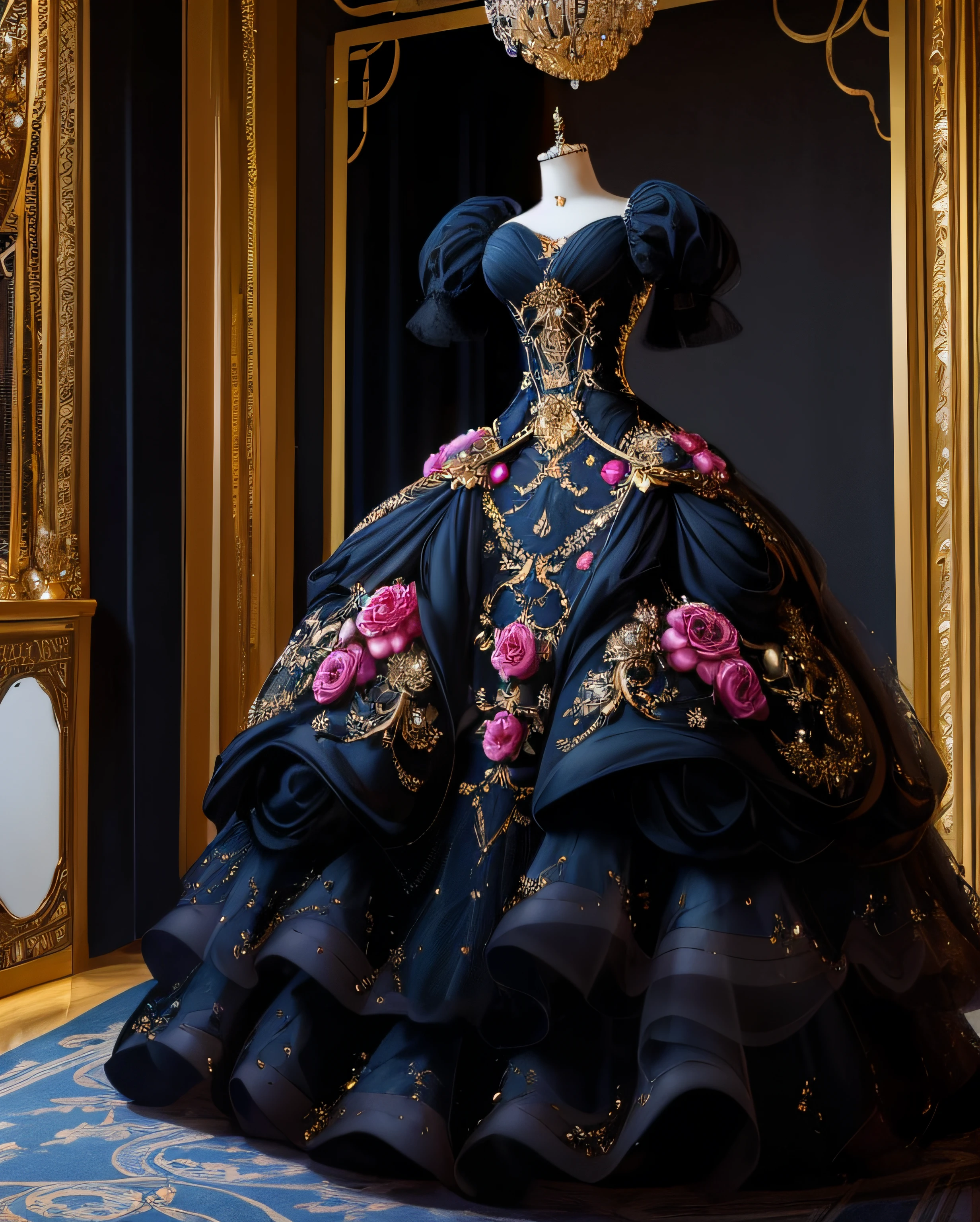 a hyper realistic photograph of a girl standing wearing a majestic light beige and gold ball gown dress, big beautiful dress, intricate puffy ball gown with lots of ruffles and rhinestones (Best quality, masterpiece, ArtStation, Fantasy Art:1.2), a palace room, a beautiful cute girl, (long white hair:1.1), (intricate short gold skirt, bare legs:1.2, full body shot)