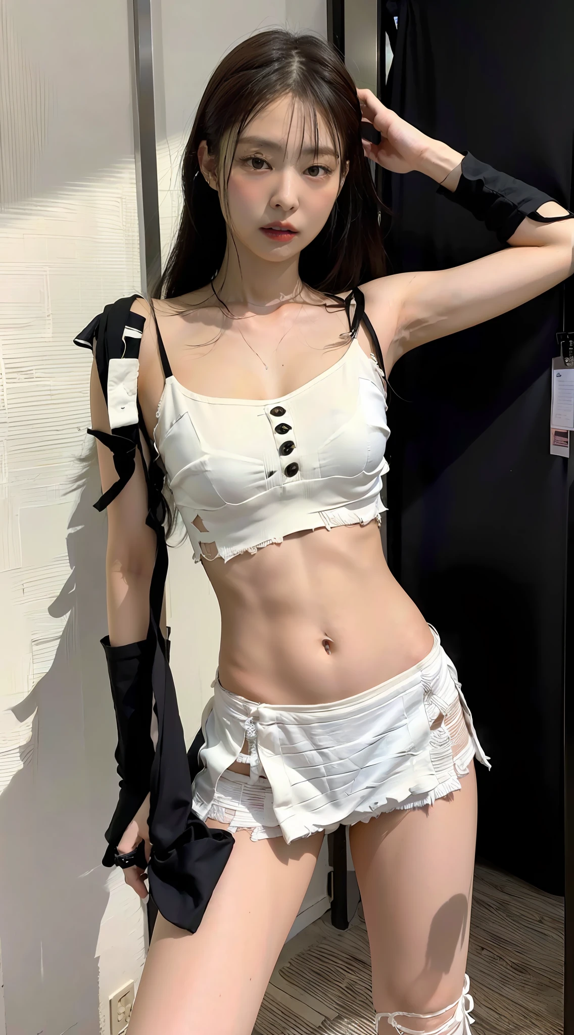 (1girl in:1.3), ((high angle full body shot)),fair white skin,Slender body,Solo, Kim Ji-ni Jennie face, Kim Ji-ni Jennie face, Kim Ji-ni Jennie face, Heroic characters, Ruins, 8k Resolution images, Intricate Symmetry Details. The whole picture is invincible and heroic, mainly a complete picture of a woman standing all over her body, with smooth movements and a confident expression、((groin、thighs thighs thighs thighs、decolletage、abdominals、a navel))、(Mini Camisole、a miniskirt)、sexypose