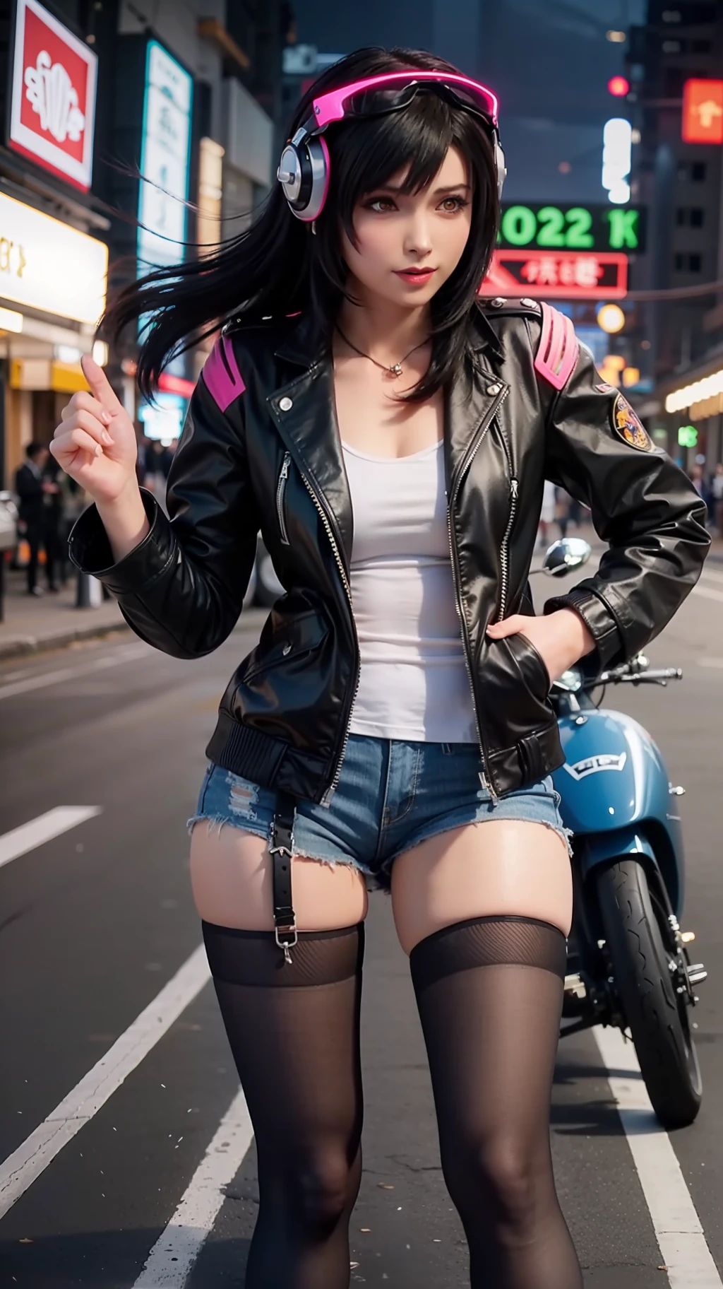 masterpiece, best quality, 1girl, solo, jacket, hand in pocket, school uniform, serafuku, thighhighs, school bag, black hair, black eyes, cyberpunk, street, machinery, motor vehicle, motorcycle, panorama, helmet, speed line, motion blur, depth of field, perspective, panorama, riding, floating hair, night, neon trim
