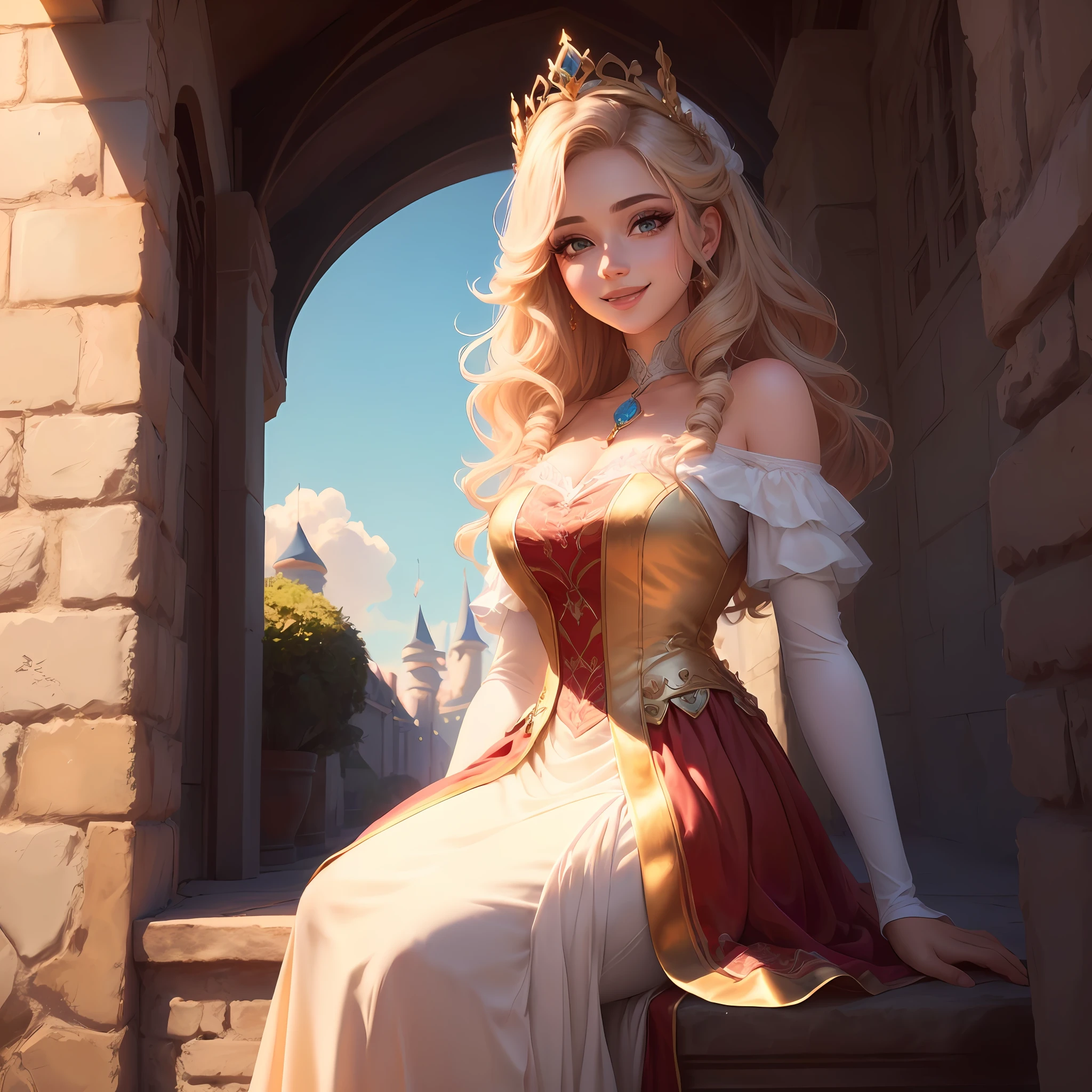 Mulher branca, alta, cabelos loiros, olhos castanhos, vestido de princesa, detalhamento nos olhos, sorriso fofo, estilo 2D, personagem pixar, Disney Features, ((obra-prima)), 8K