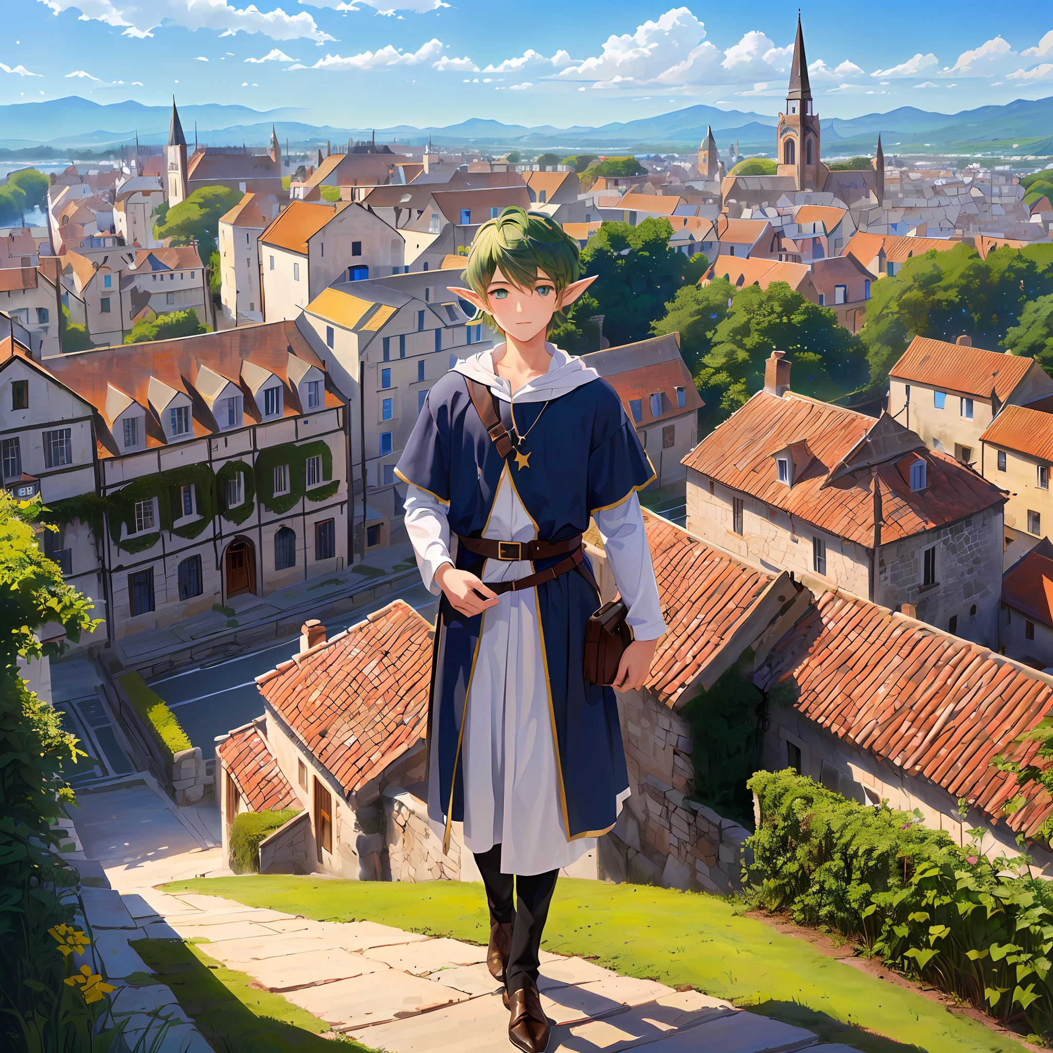 Medieval town,Boy Elf,Green eyes,Clothes for human civilians