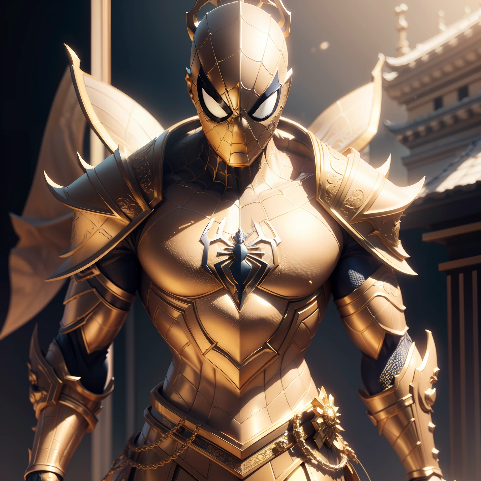 a close up of a statue of a man with a gold and white costume, super detailed render, 3 d render character art 8 k, intricate white and gold armor, full samurai armor spiderman, high detail iconic character, 8k render”, octane render ”, octane render”, super detailed octane render, super rendered in octane render, hyper detailed 3 d render, futuristic style spiderman