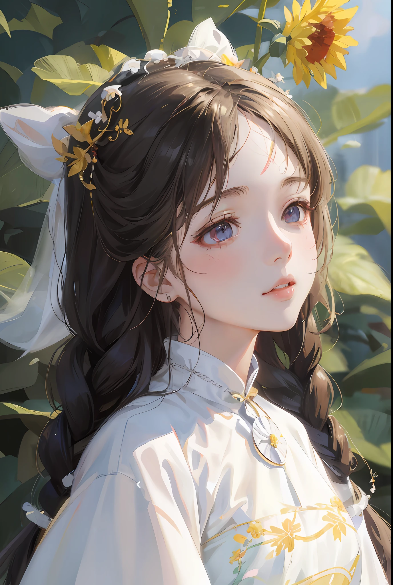 anime girl with a flower in her hair and a white dress, artwork in the style of guweiz, guweiz, beautiful anime portrait, detailed portrait of anime girl, kawaii realistic portrait, stunning anime face portrait, cute anime girl portrait, portrait of an anime girl, beautiful character painting, portrait anime girl, palace , a girl in hanfu, beautiful anime style