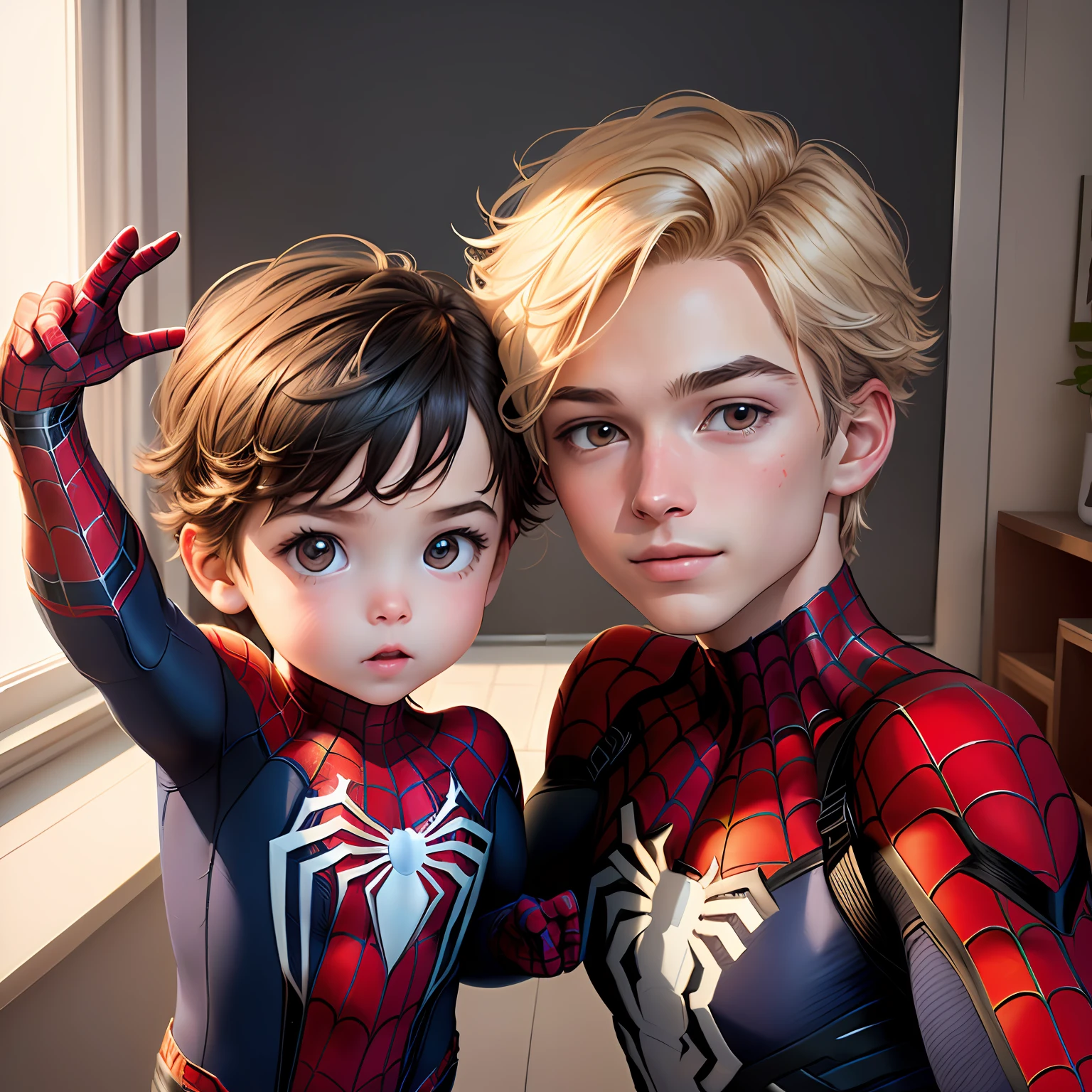 Portrait of cutest spider-man baby illustration, estilo selfie, Looking at camera, sem fantasma, has two heads, art-station, .cgi_animation,