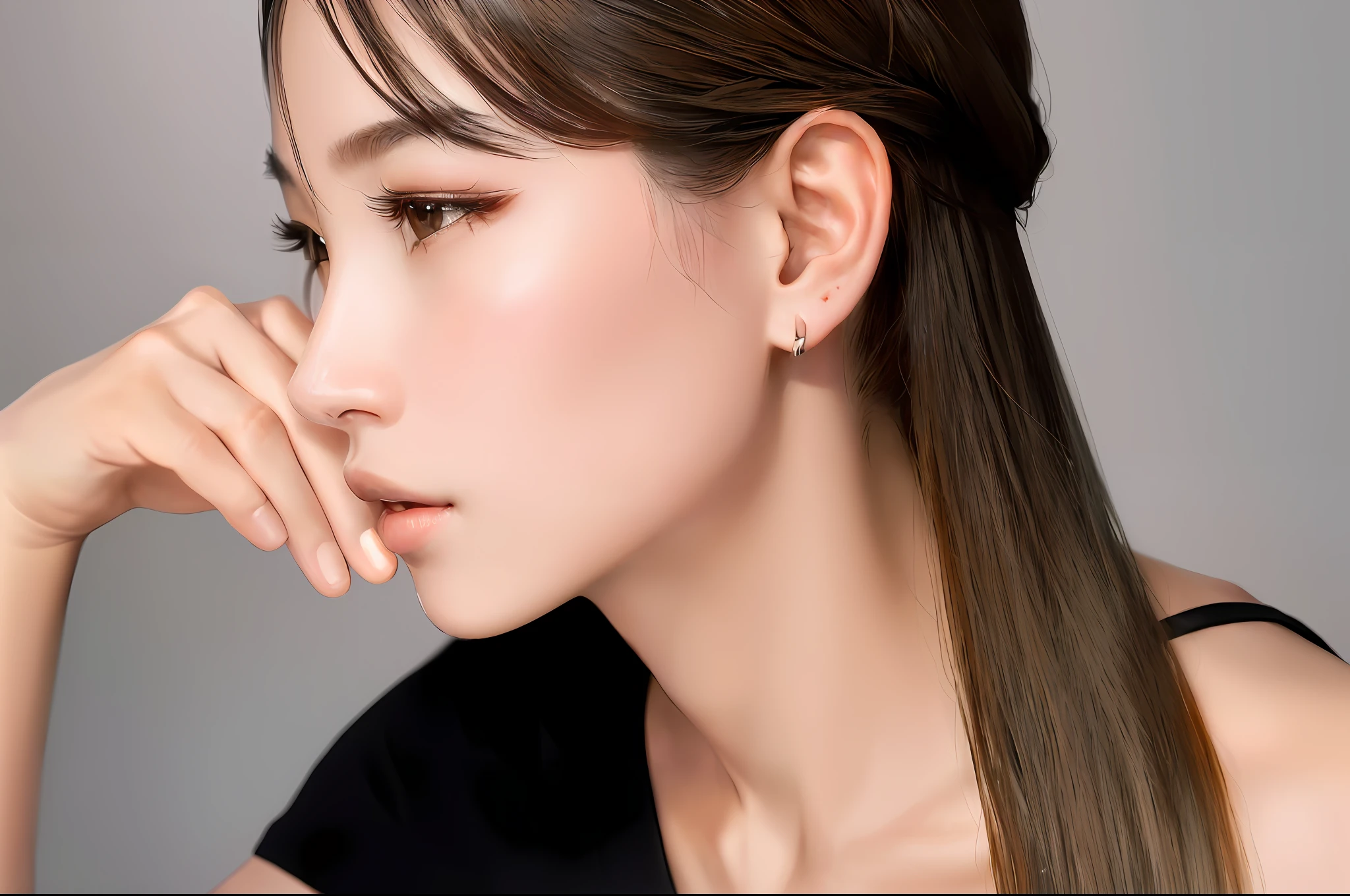 there is a woman with long hair and a black shirt, side portrait imagery, side profile portrait, 奈良美智, elegant profile pose, close - up studio photo, chiho, Side Profile Senator Portrait, kiko mizuhara, sharp cheekbones, ( Side ) profile, jimin, lovely delicate face, from side view