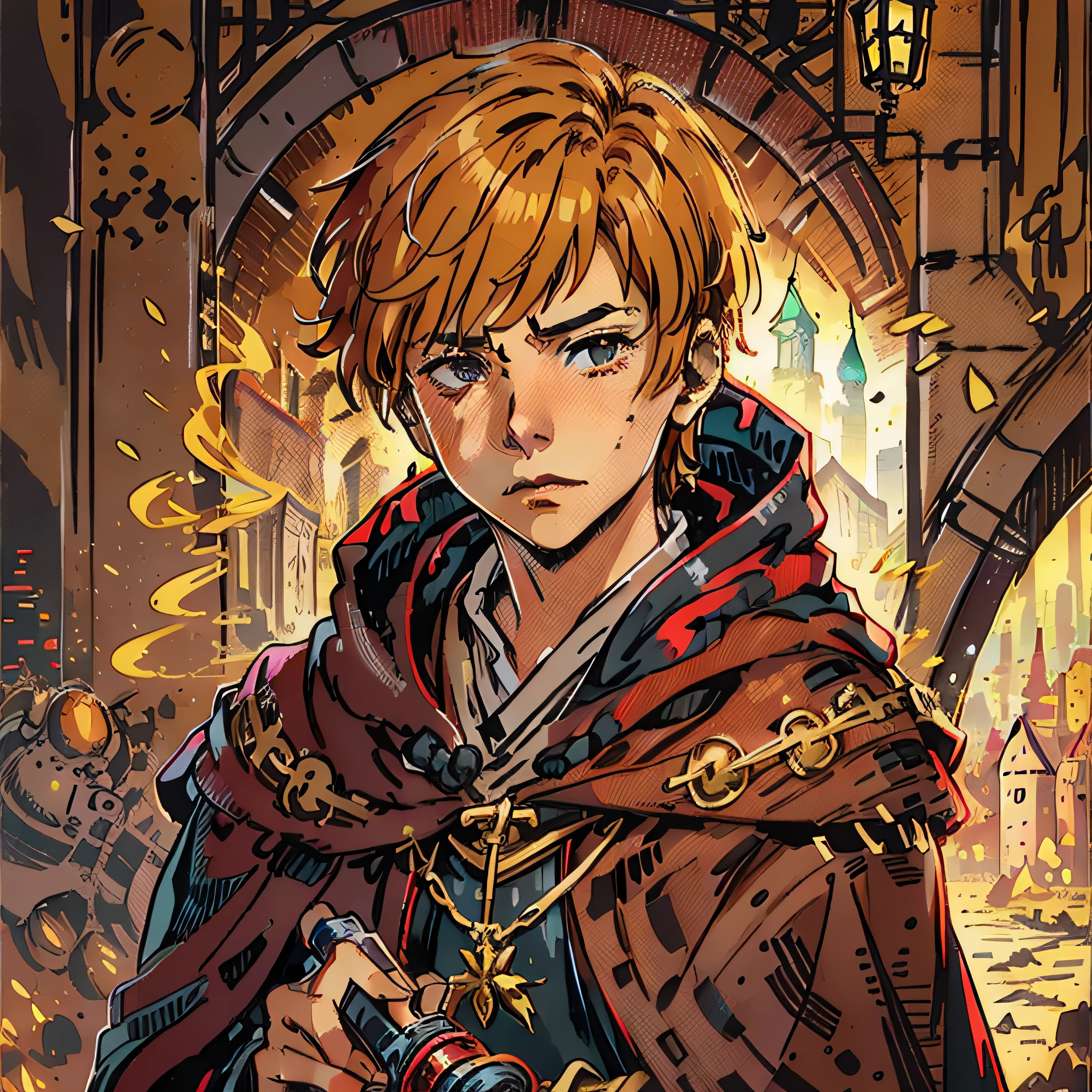 "A -yeld boith caramel-colored hair, dressed in apprentice mage robes, RPG character portrait, set in a medieval fantasy world, featuring short hair and intense black eyes."