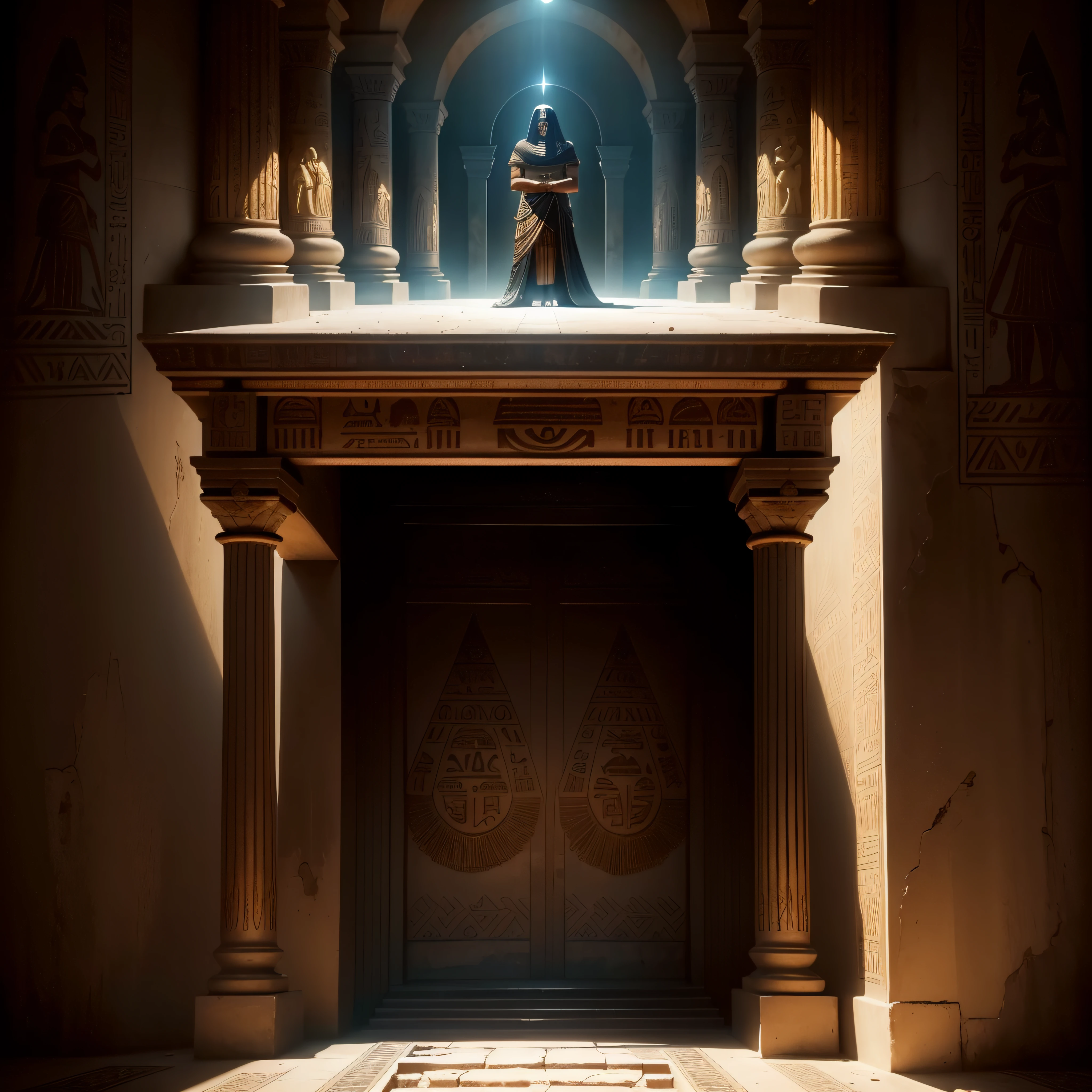 ((lifelike lighting, Melhor qualidade, 8K, Obra-prima: 1.3)), Foco claro: 1.2,Crie uma imagem ilustrativa do Anjo da Morte, an Egyptian mythical figure associated with divine judgment. O anjo deve ser retratado como uma figura imponente com asas majestosas, vestido de preto, Conveying mystery and power. The setting can be a temple or desert environment with Egyptian symbols. Use dark colors and dramatic lighting to create a respectful and mysterious atmosphere