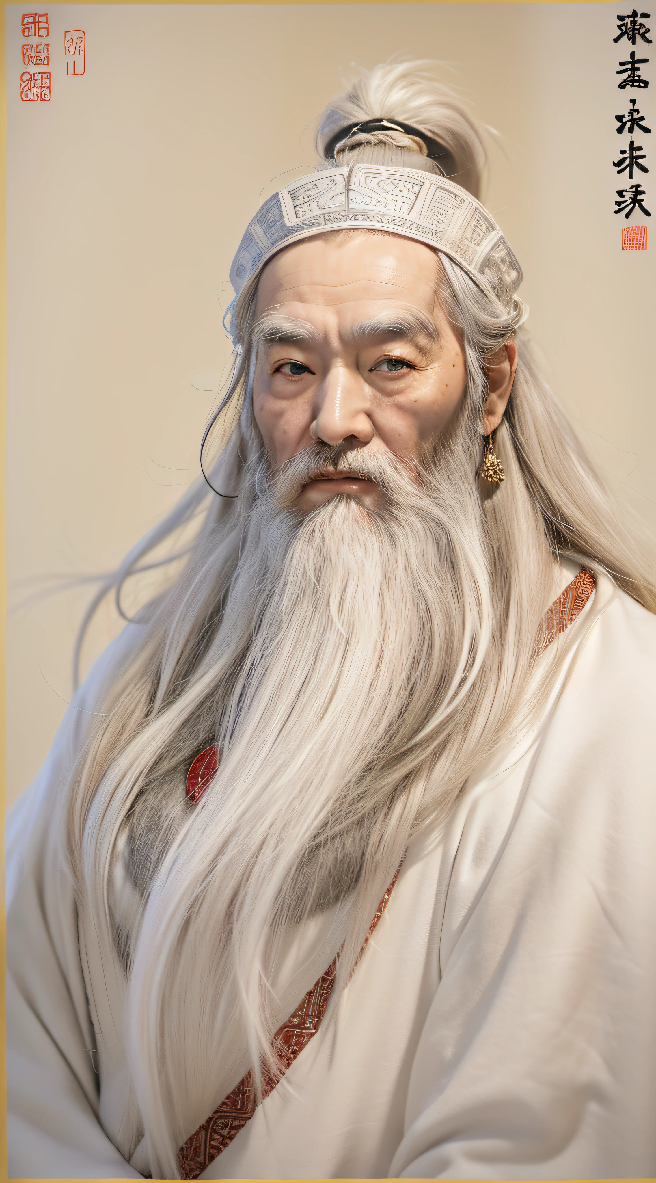 Old man of ancient China,Majestic and majestic,Long hair shawl,The hair and beard are snow-white,Dressed in white,There are wrinkles on the forehead,The eyes are shrewd and sharp,Thick chubby body,heavy breath,The eyes are big。statue,Front view,