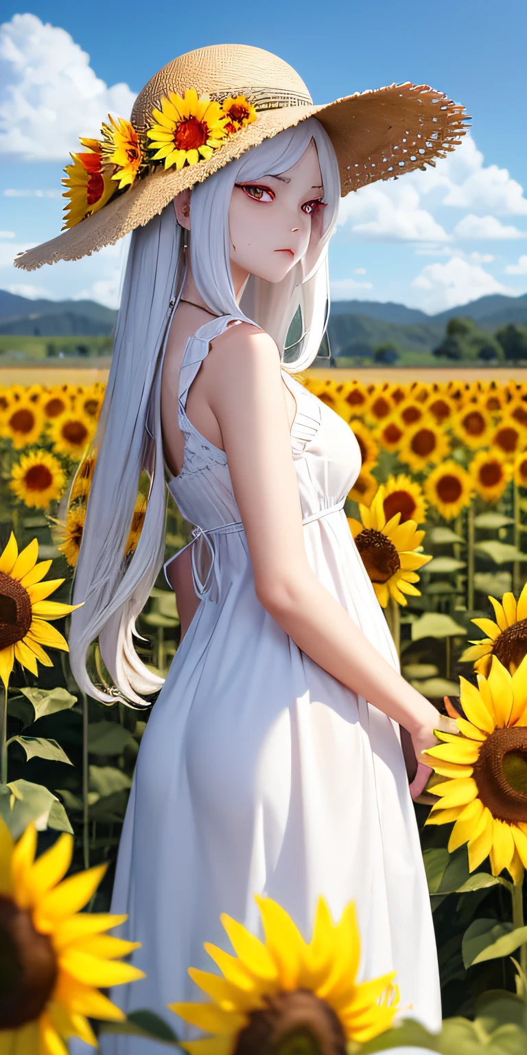 there is a woman with white hair, red eyes, serious face, in a sunflower field wearing a hat, scene: sunflower field, scene : sunflower field, sunflowers in the background, beautiful sunflower anime girl, sunflower field, inspired by studio ghibli, inspired by Sim Sa-jeong, midsommar style, inspired by Edo Murtić, girl frontal in a flower field