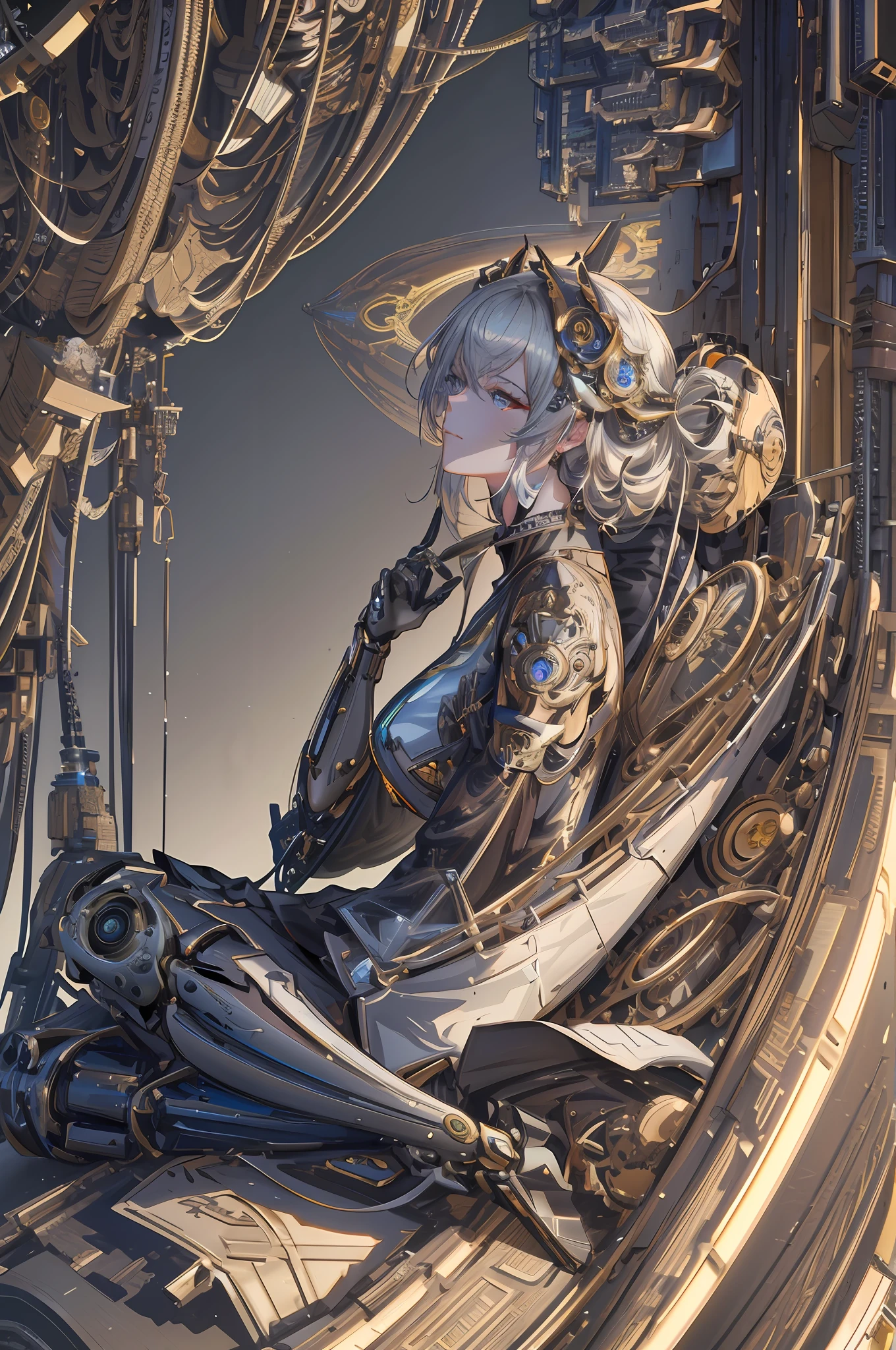 There is a woman sitting on a chair，Holding a clock in his hand, 4k highly detailed digital art, portrait of a mechanical girl, intricate ornate anime cgi style, Detailed digital anime art, perfect anime cyborg woman, Guweiz on ArtStation Pixiv, cyberpunk anime girl mech, 4K detailed digital art, cyborg - girl with silver hair, intricate wlop