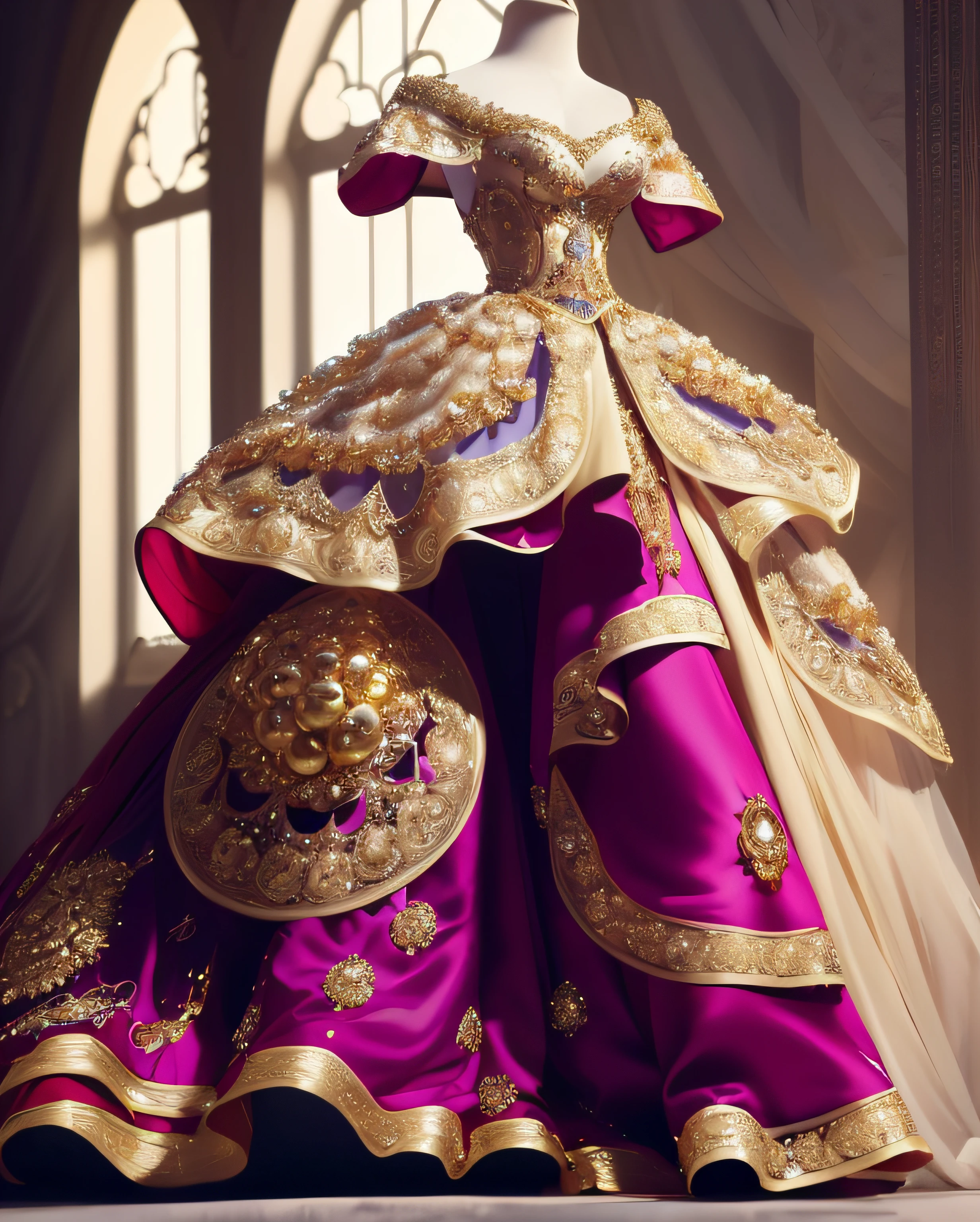 a hyper realistic photograph of a girl standing wearing a majestic light beige and gold ball gown dress, big beautiful dress, intricate puffy ball gown with lots of ruffles and rhinestones (Best quality, masterpiece, ArtStation, Fantasy Art:1.2), a palace room, a beautiful cute girl, (long white hair:1.1), (intricate short gold skirt, bare legs:1.2, full body shot)