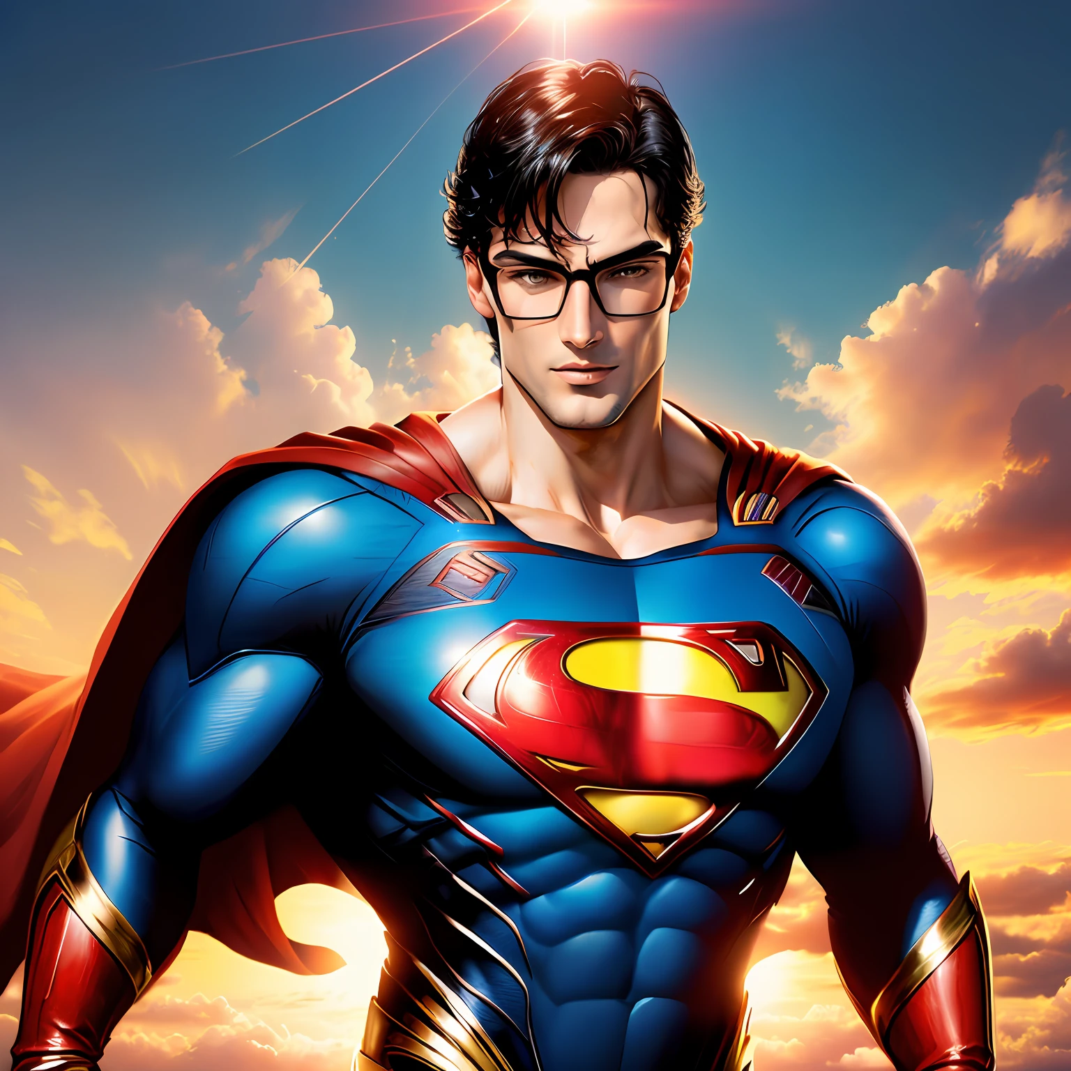 Superman with glasses, voando perto do sol