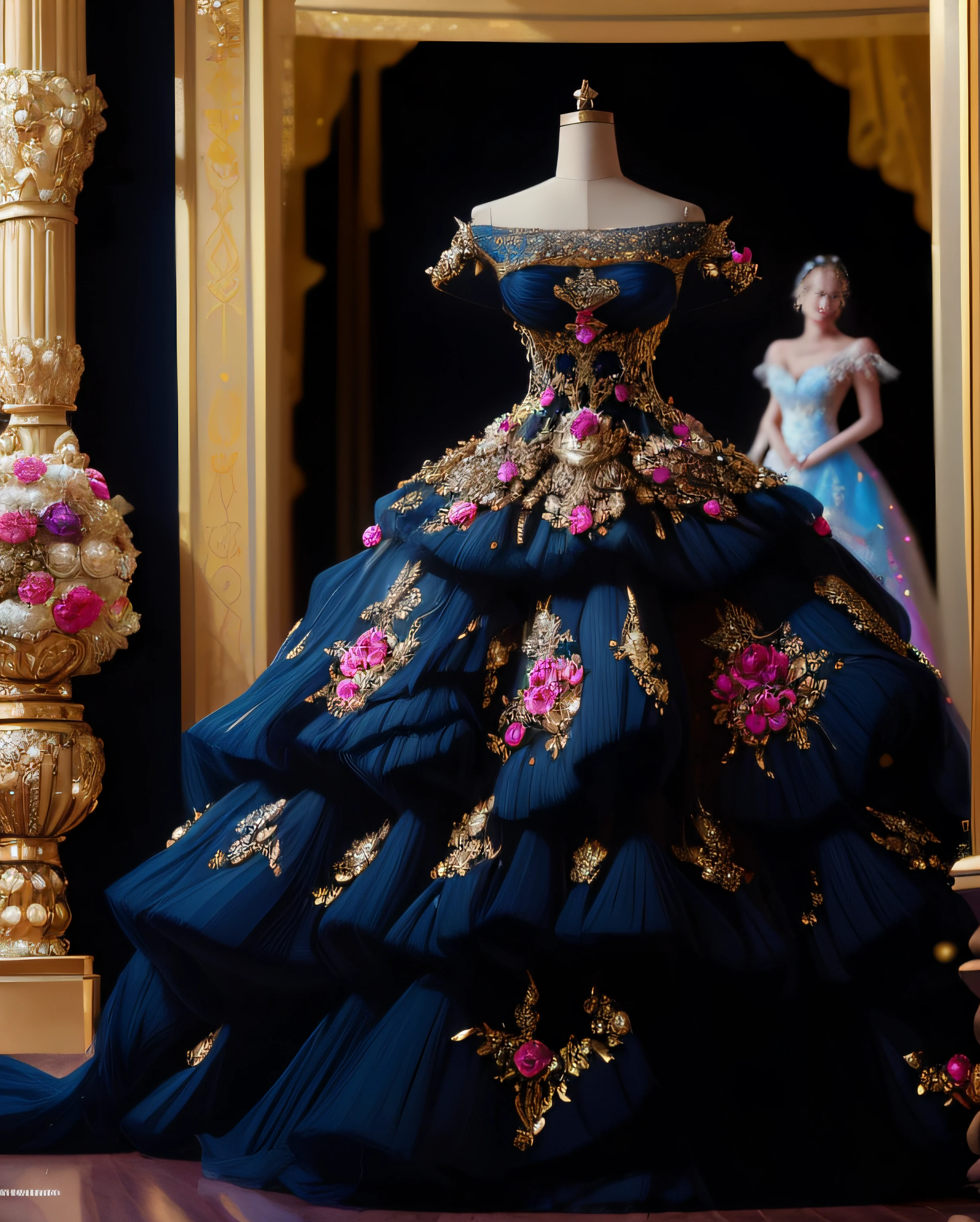 a hyper realistic photograph of a girl standing wearing a majestic light beige and gold ball gown dress, big beautiful dress, intricate puffy ball gown with lots of ruffles and rhinestones (Best quality, masterpiece, ArtStation, Fantasy Art:1.2), a palace room, a beautiful cute girl, (long white hair:1.1), (intricate short gold skirt, bare legs:1.2, full body shot)