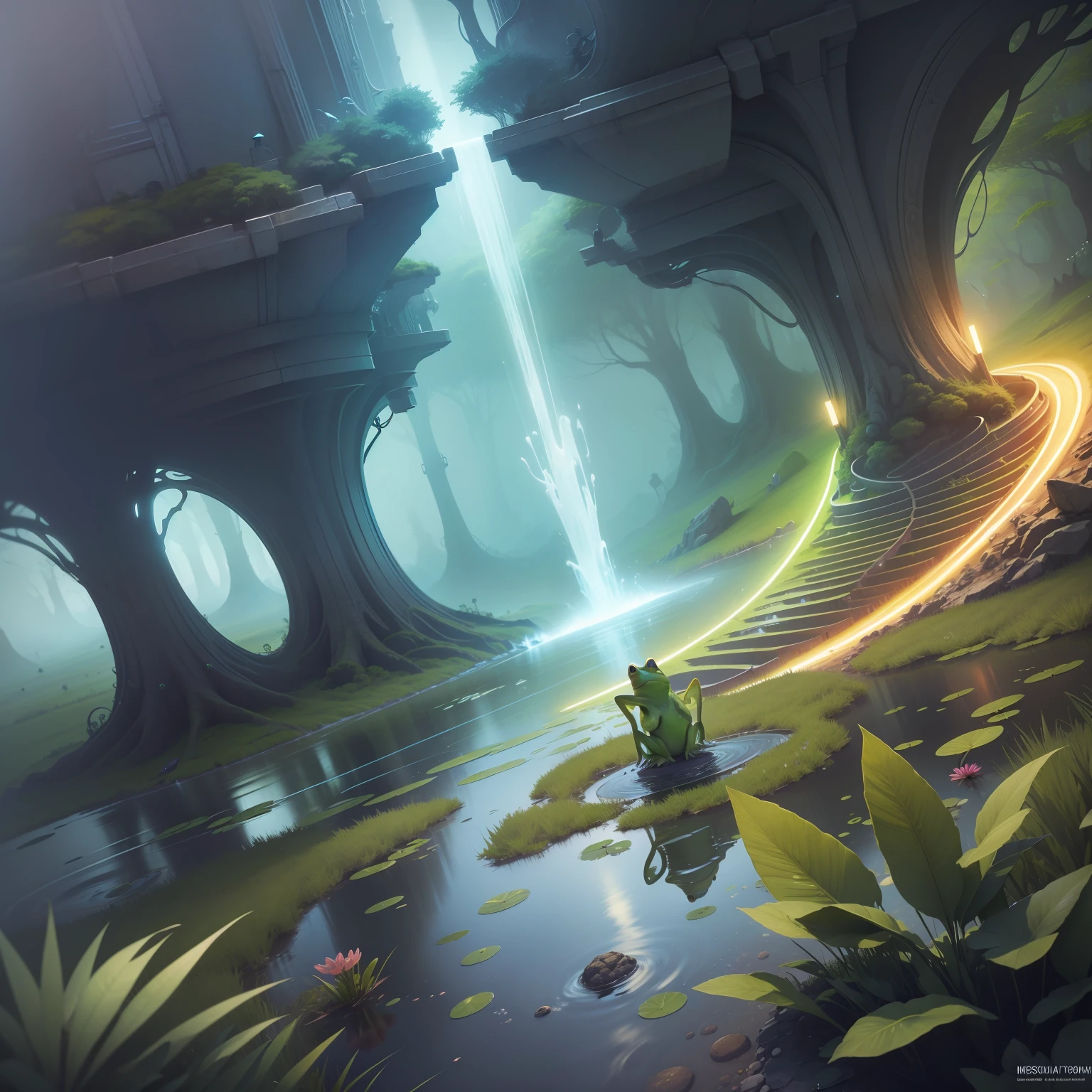 You are a visionary digital artist who specializes in creating futuristic images in high resolution. His next masterpiece is to depict a frog in a psychedelic swamp, where his presence makes the surrounding water vibrate with his mesmerizing singing. Feel free to explore your creativity in scene composition, including advanced technological elements, cores vibrantes e detalhes impressionantes. Its mission is to transport the observer to an imaginary and futuristic world, onde a magia dos sons e a beleza surreal se unem. Let your imagination flow and create an image that surprises and inspires all who behold it.