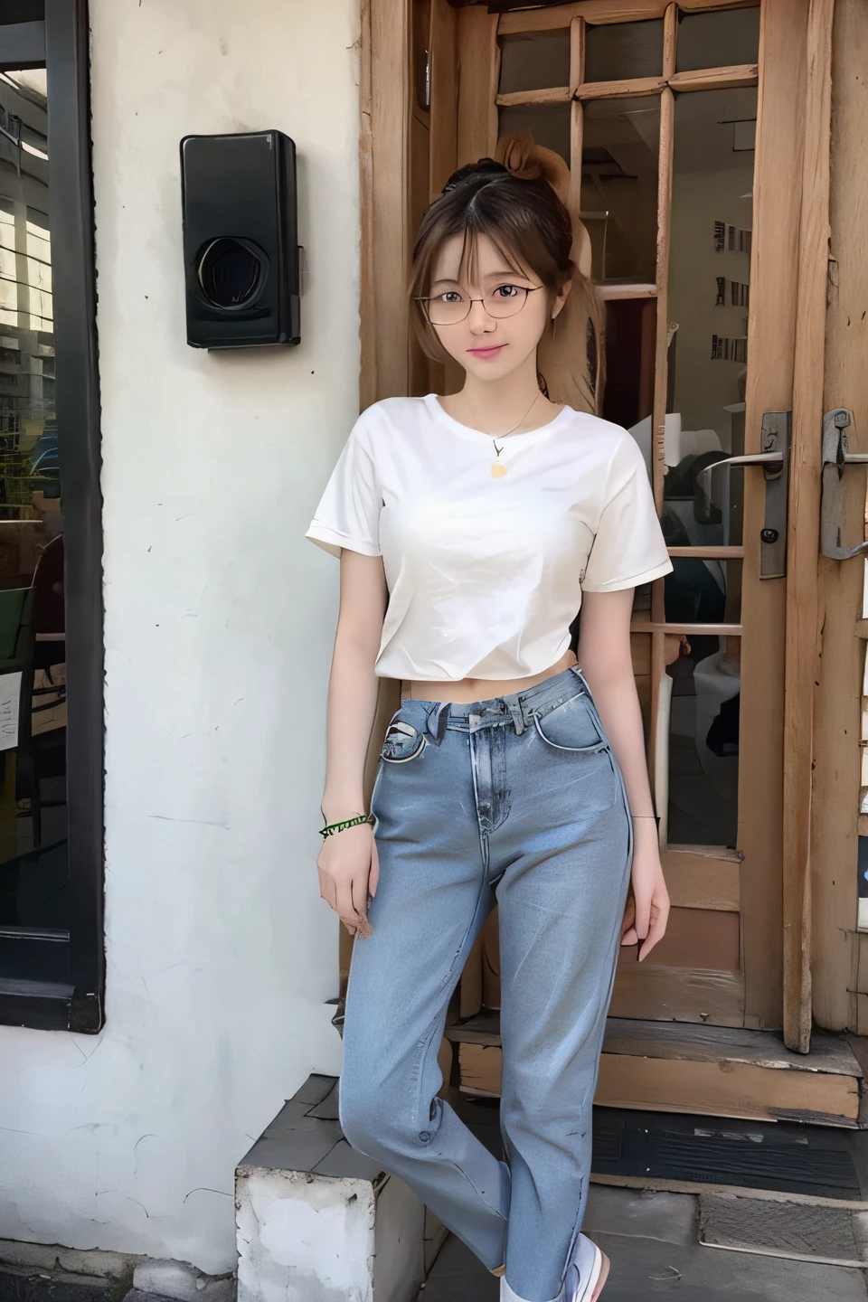 white shirt short sleeves,Wearing light blue skinny jeans,Girls single ponytail,Turn sideways,The figure is good,Hands tied to hair,Youth and liveliness,Theme hostel,full bodyesbian,Wear glasses,denim pant,Wrapped buttocks,Hands touching your butt,high-heels,didn't wear socks,(full bodyesbian:1.7)Normal-scale picture,open waist,exposing your navel,8K,4K,k hd,Big picture