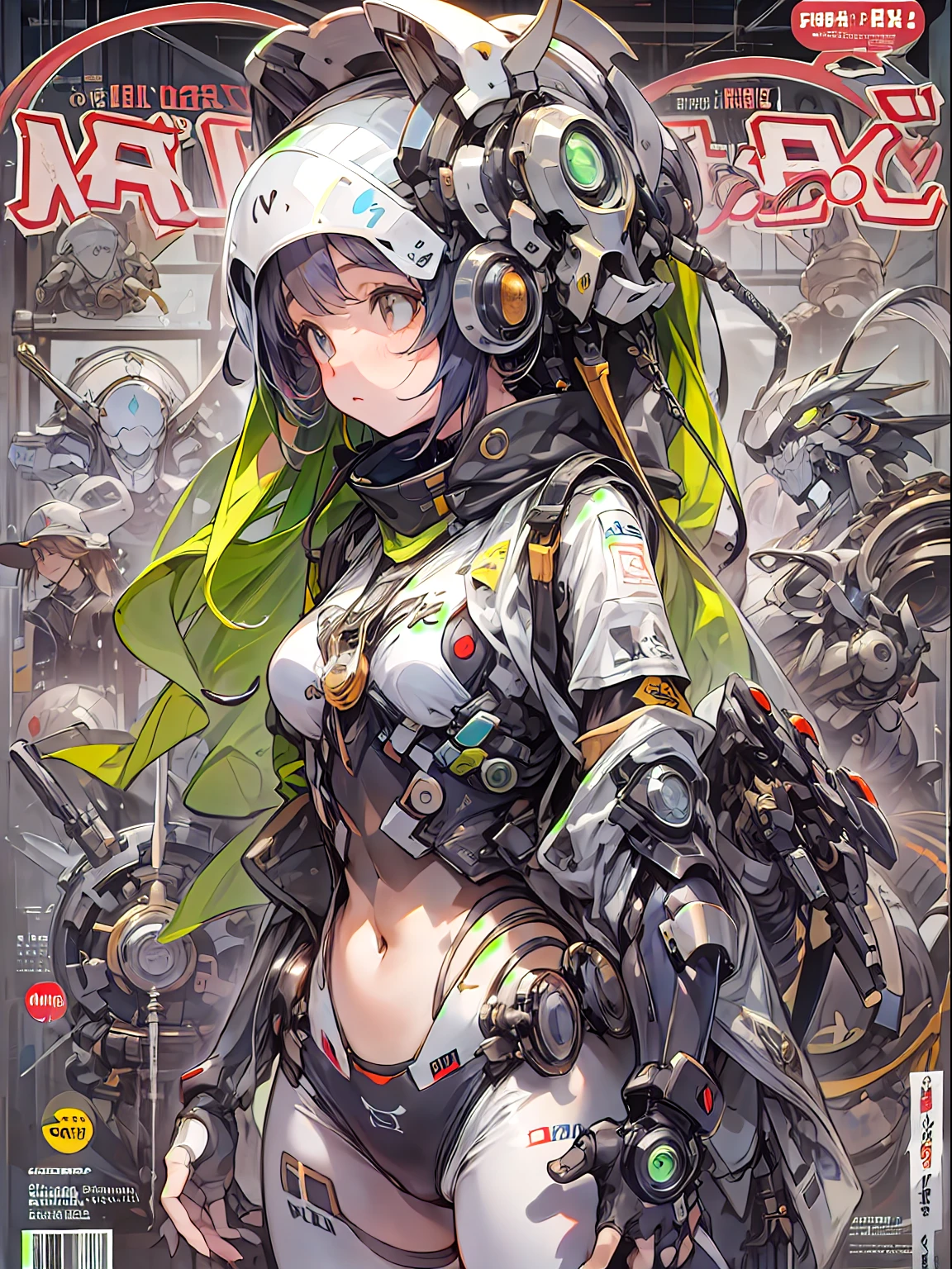 Manga magazine cover, bonito:1.2, roupas Techwear, Mechanical spider, Cabos, engrenagens, circles, fractais, art-station, CGSetnação, arte Carlos Meglia