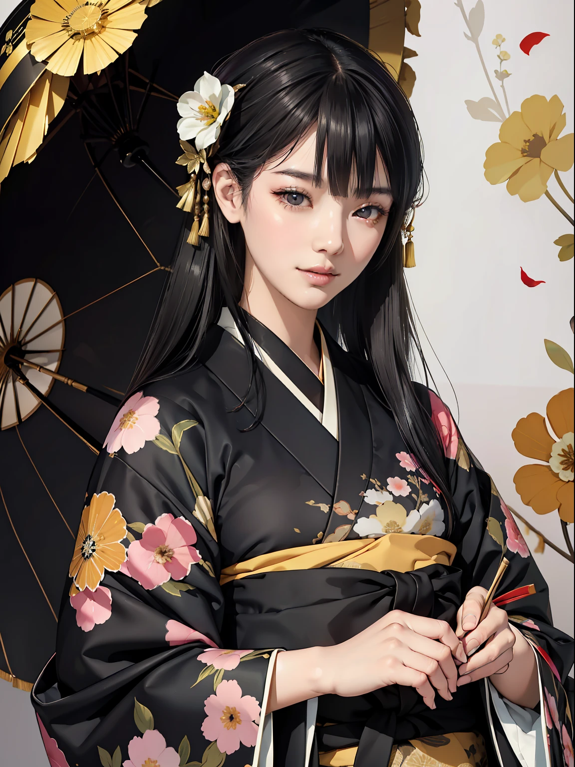 Mature girl、Long Black Hair、A slight smile、Black-haired、Colorful Japan kimono、Nishijin Ori、Delicate and smart eyes、intricate damask hanfu、Luxury accessories、FOV、F1.8、masterpiece、complex scenes、flower petals flying、Diagonal portrait shot、