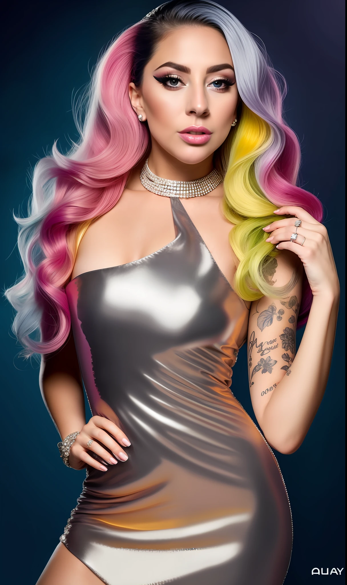 Lady GaGa vestido de colores brillantes y diamantes,plumas y diamantes ,extravagante,textura 4K, cabello largo y de colores, calidad alta, cuerpo completo,varias poses corporales,peinado extravagante, Original album cover, imagen 8k, futurista, alta calidad de imagen, en la noche, accesorios en el cabello, imagen 8k, rostro realista en alta calidad, cuerpo completo HD, diferentes poses corporales, alta calidad en el rostro, rasgos definidos,HD, rostro realista y definido 4k