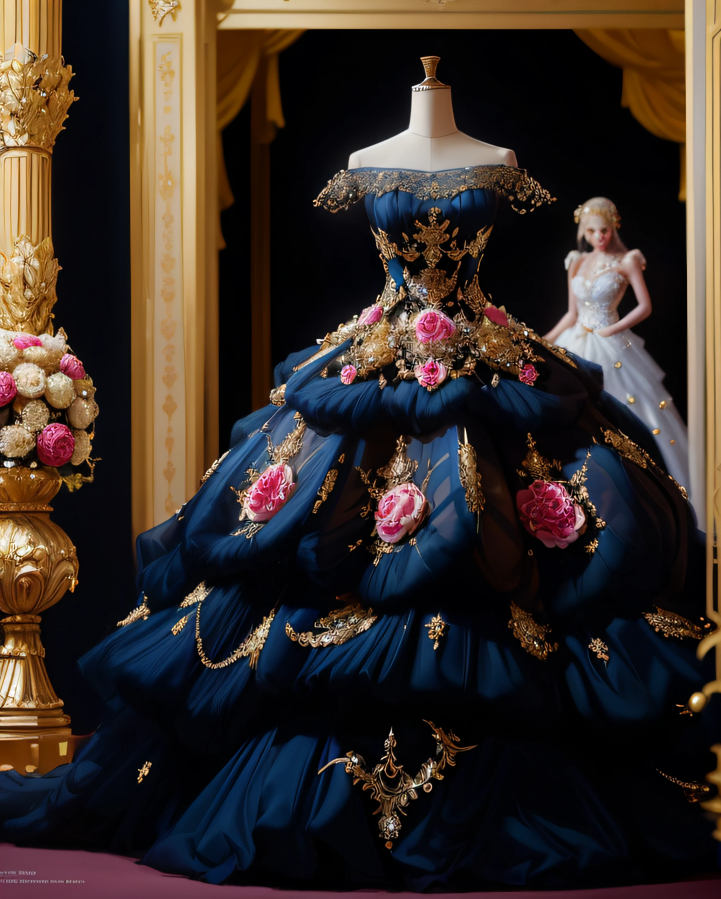 a hyper realistic photograph of a girl standing wearing a majestic light beige and gold ball gown dress, big beautiful dress, intricate puffy ball gown with lots of ruffles and rhinestones (Best quality, masterpiece, ArtStation, Fantasy Art:1.2), a palace room, a beautiful cute girl, (long white hair:1.1), (intricate short gold skirt, bare legs:1.2, full body shot)
