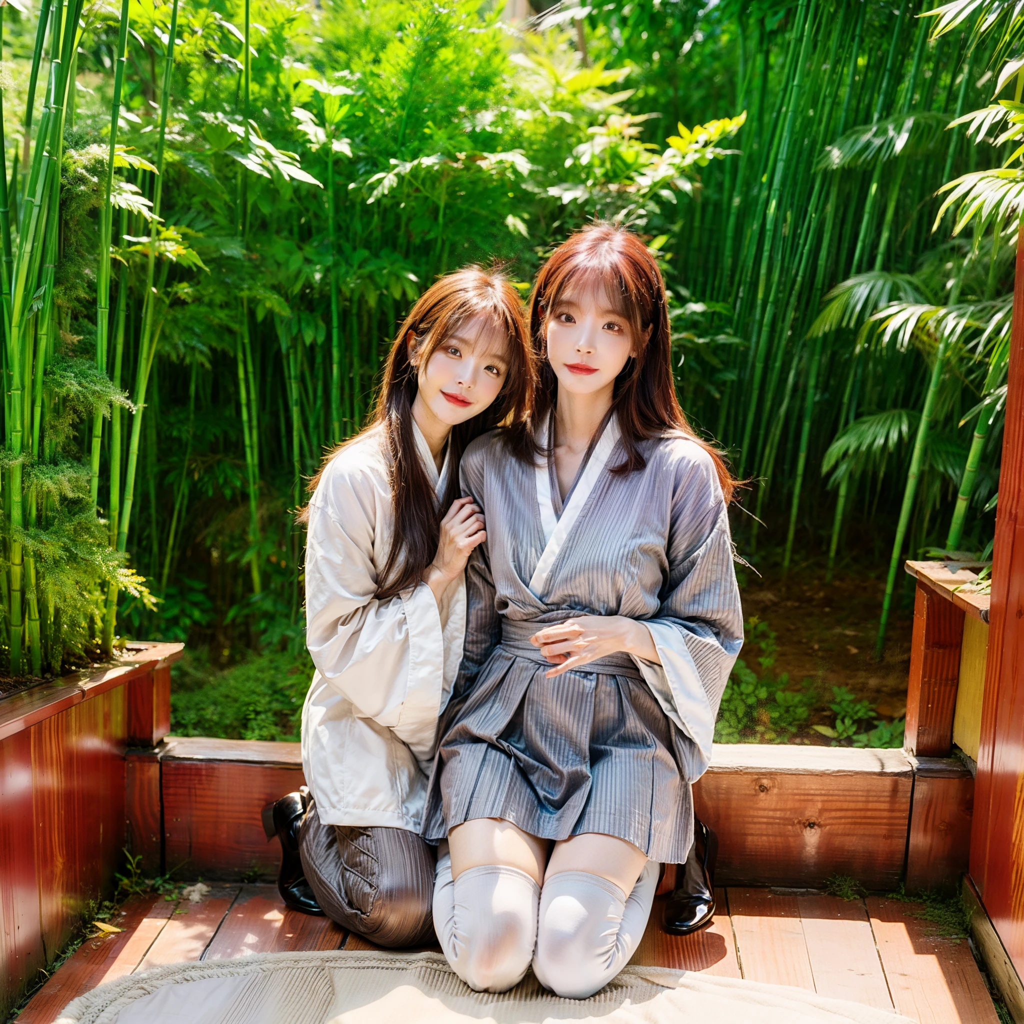 Hanfu,Grey Stockings,grey socks,grey pantyhose,in a temple,Pull up the skirt,bamboo forrest,Leaking out of the chest,high-heels,delicated,Excellent 8K,weeping