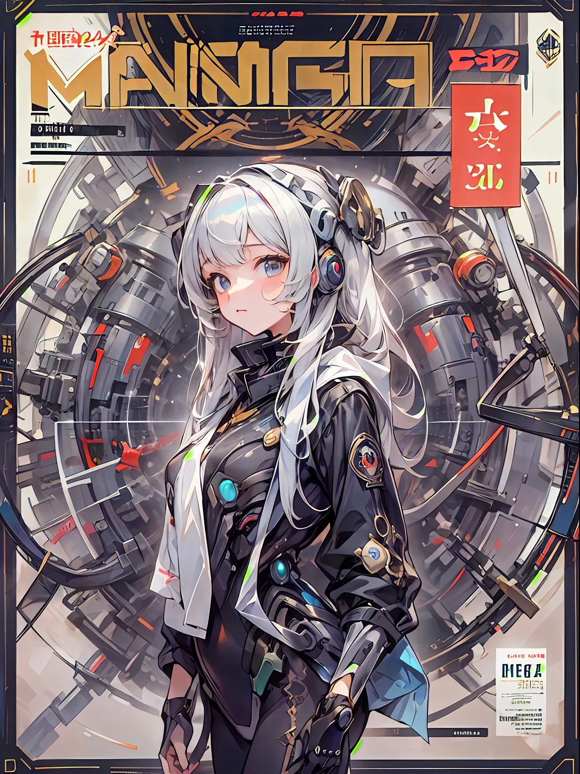 Manga magazine cover, menina bonito:1.2, roupas Techwear, Mechanical spider, Cabos, engrenagens, circles, fractais, art-station, CGSetnação, arte Carlos Meglia