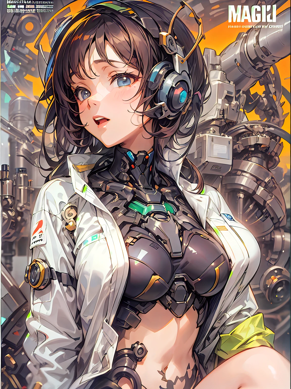 Manga magazine cover, menina bonito:1.2, roupas Techwear, Mechanical spider, Cabos, engrenagens, circles, fractais, art-station, CGSetnação, arte Carlos Meglia