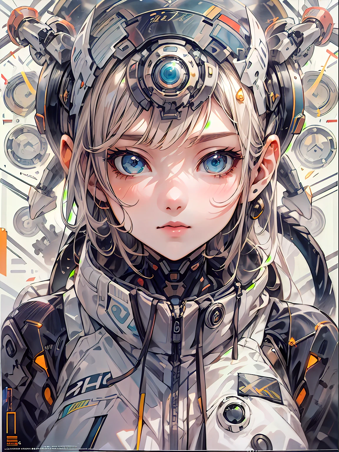 Manga magazine cover, menina bonito:1.2, roupas Techwear, Mechanical spider, Cabos, engrenagens, circles, fractais, art-station, CGSetnação, arte Carlos Meglia