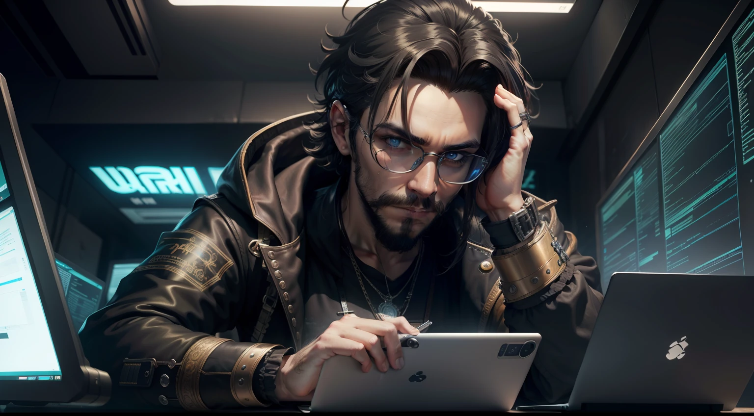 hacker, 1man, ciencia, mesa de trabalho, steampunk, dark, cabelo branco, high detail, masterpiece, 4k