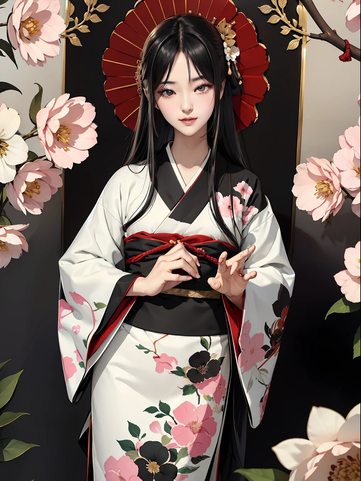 Mature girl、Long Black Hair、A slight smile、Black-haired、Colorful Japan kimono、Nishijin Ori、Delicate and smart eyes、intricate damask hanfu、Luxury accessories、FOV、F1.8、masterpiece、complex scenes、flower petals flying、Diagonal portrait shot、