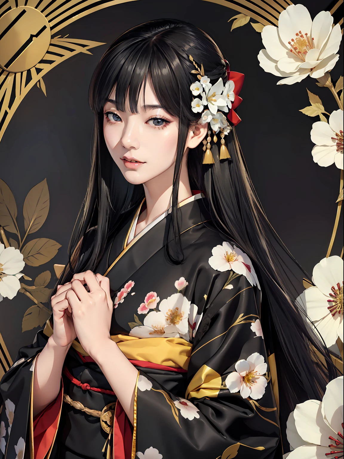 Mature girl、Long Black Hair、A slight smile、Black-haired、Colorful Japan kimono、Nishijin Ori、Delicate and smart eyes、intricate damask hanfu、Luxury accessories、FOV、F1.8、masterpiece、complex scenes、flower petals flying、Diagonal portrait shot、
