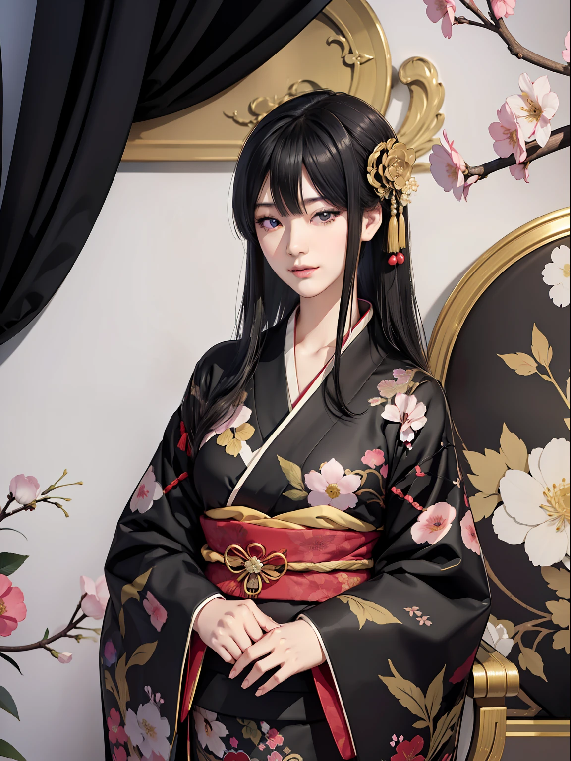 Mature girl、Long Black Hair、A slight smile、Black-haired、Colorful Japan kimono、Nishijin Ori、Delicate and smart eyes、intricate damask hanfu、Luxury accessories、FOV、F1.8、masterpiece、complex scenes、flower petals flying、Diagonal portrait shot、