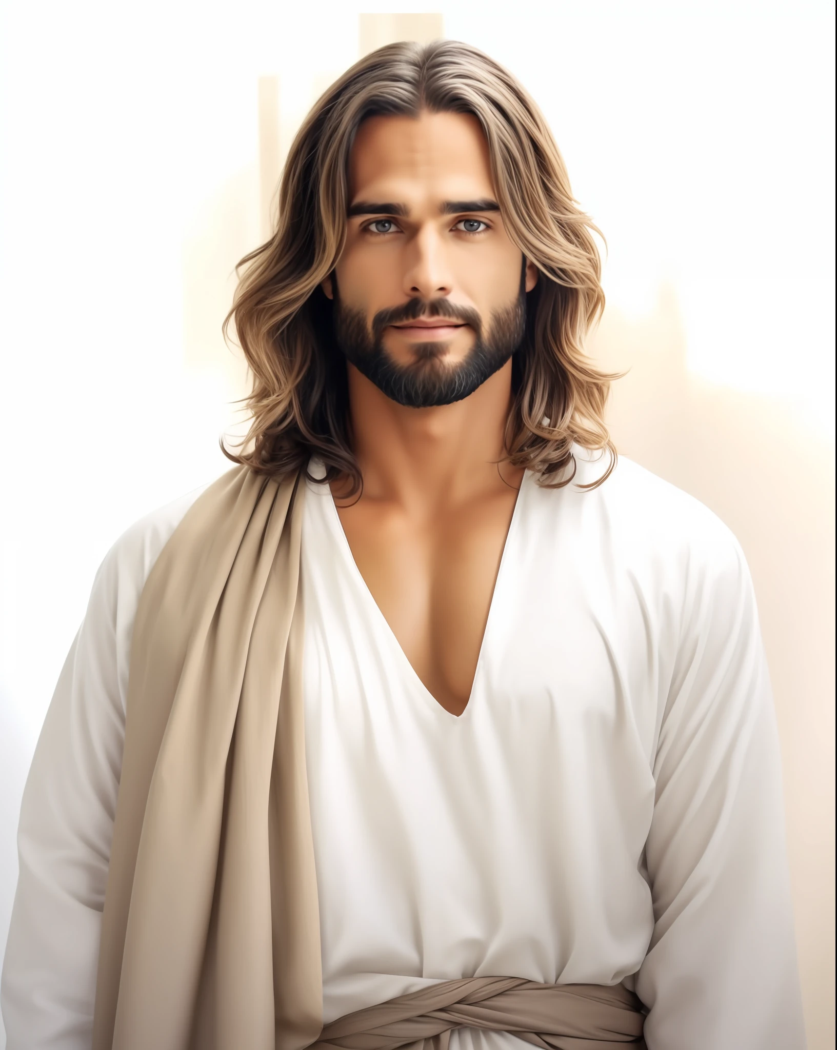 Seth Rollins como Jesus Cristo, sorrindo e feliz, wearing tunic, focar nos detalhes do rosto, cabelo escuro preto, semelhante ao seth rollins, wearing the long beige tunic of Jesus, Biblical style of Jesus, imagem realista, fundo da imagem preto escuro , melhor qualidade, 8k, focar nos detalhes.