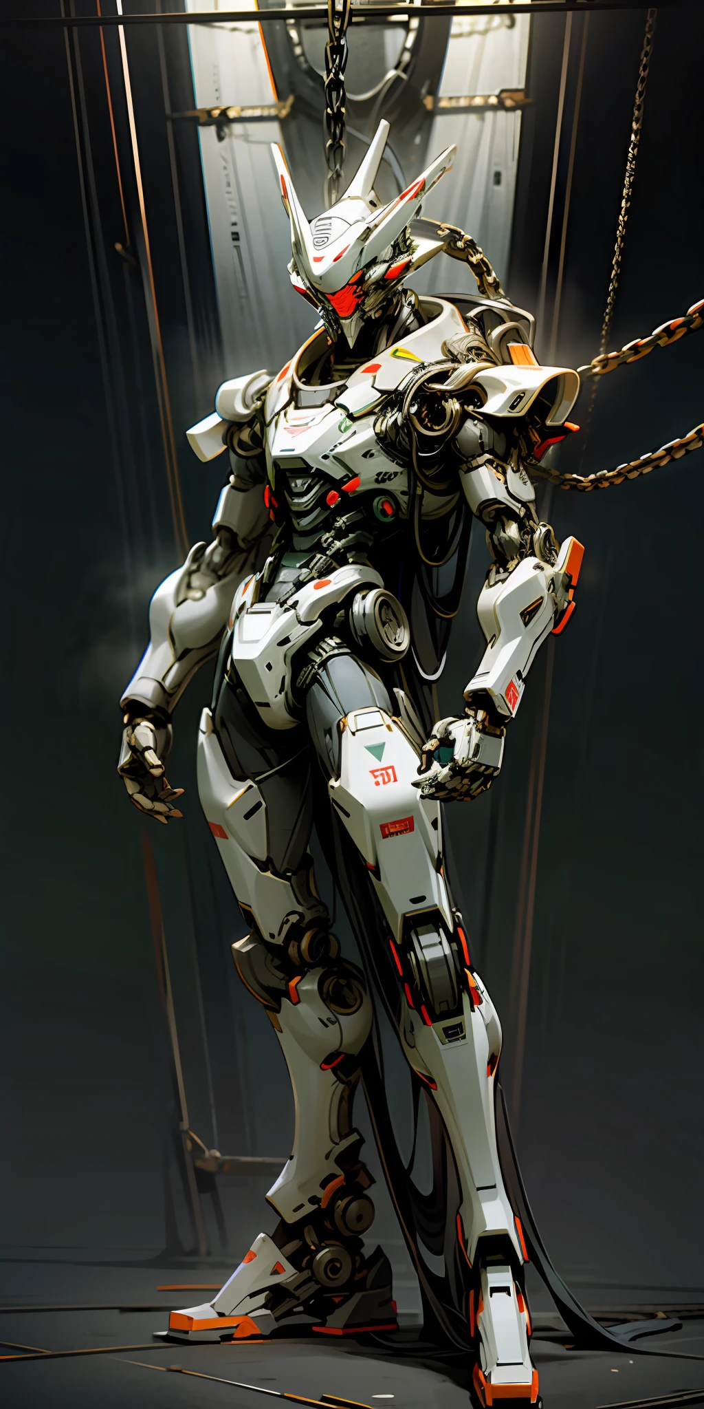 Dark_Fantasy,Cyberpunk,(chain saw,chain saw man,Red:1.1),1man,Mechanical marvel,Robotic presence,Cybernetic guardian,masterpiece,full body,green and white,at night,