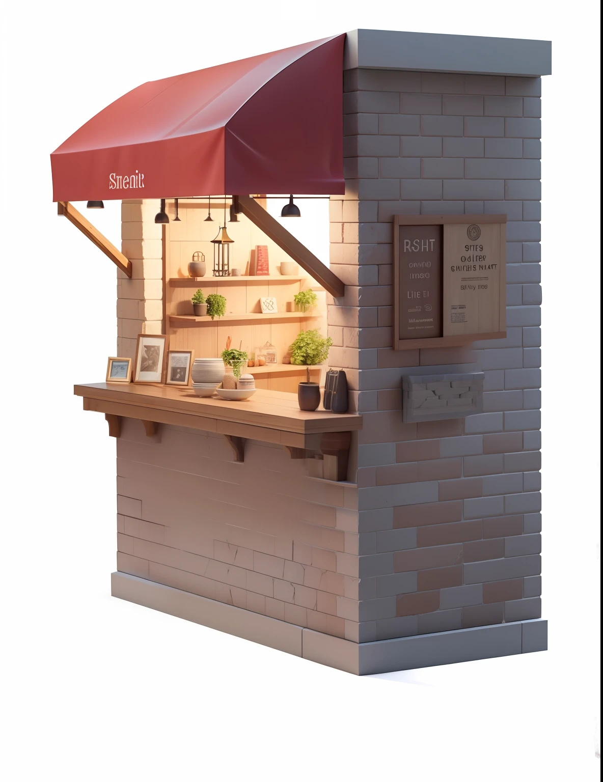 There was a lovely little counter，It has a red awning on it, Stone brick walls， highly rendered, shelf, 3 d render even lit, arte renderizada, rendered lighting, rendered in 3 dsmax, pre-rendered, 3 d rendered, a 3D render, fully rendered light to shadow, rendered image, colored market stand, well lit 3 d render, high detailed store，