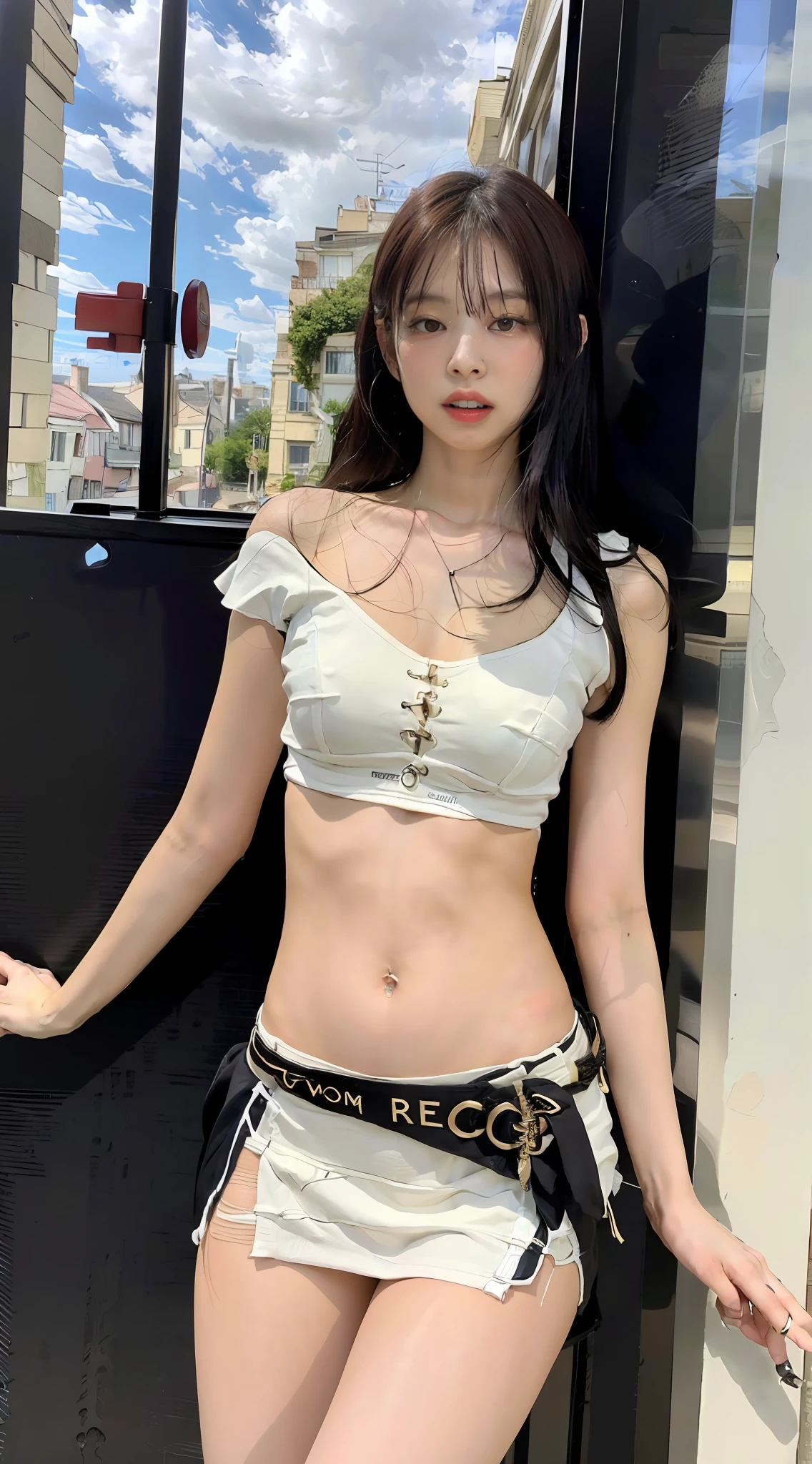 (1girl in:1.3), ((high angle full body shot)),fair white skin,Slender body,Solo, Ruins, 8k Resolution images, Intricate Symmetry Details,mainly a complete picture of a woman standing all over her body, with smooth movements and a confident expression、((groin、thighs thighs thighs thighs、decolletage、abdominals、a navel))、(Mini Camisole、a miniskirt)、sexypose