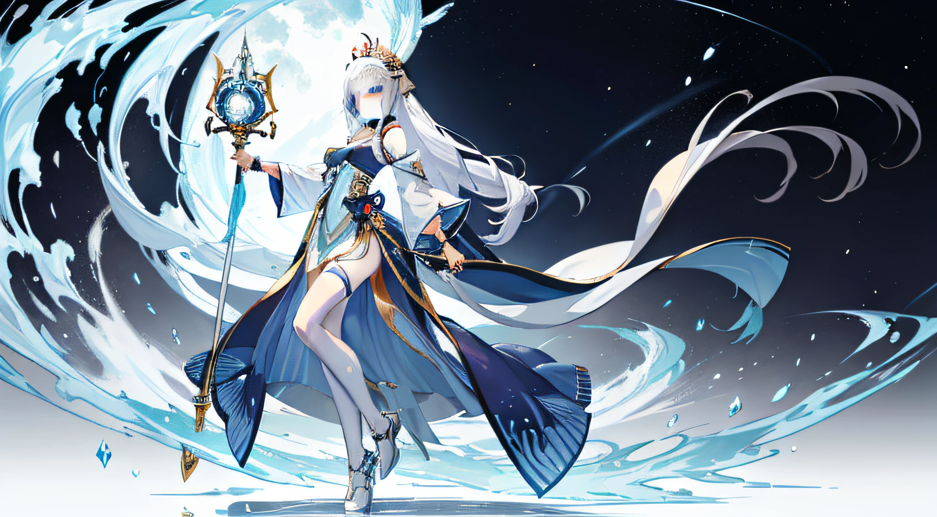 "Genshin to Winter Country Ice Goddess, Full body view from the side, Royal sister, 175 height, Tall figure, sliver long hair, Silvertone&Light blue skirt, Light blue nails, long leges, wide blue eyes, Ice Crown, Staff, Crystal shoes, Two-dimensional style,。"