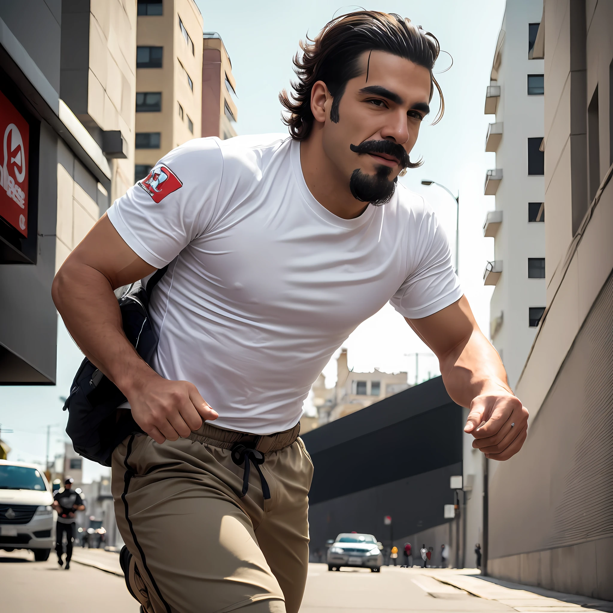 Hombre Arafed montando una patineta por una calle de la ciudad, Mario en la vida real, athletic man in his 30s, Hombre de blanco - camiseta, Llevar camiseta y combates, dynamic active running pose, running fast towards the camera, Imagen tomada con Canon EOS R 5, Imagen tomada con Canon EOS R5, Super Mario en la vida real, 5 dedos en cada mano