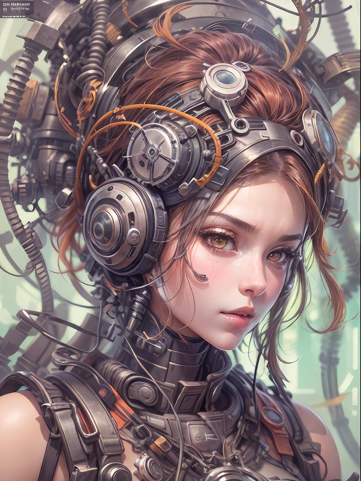 Manga magazine cover, expressive, luminous,****** bonito:1.2, roupas Techwear, Mechanical spider, Cabos, engrenagens, circles, fractais, art-station, CGSetnação, arte Carlos Meglia