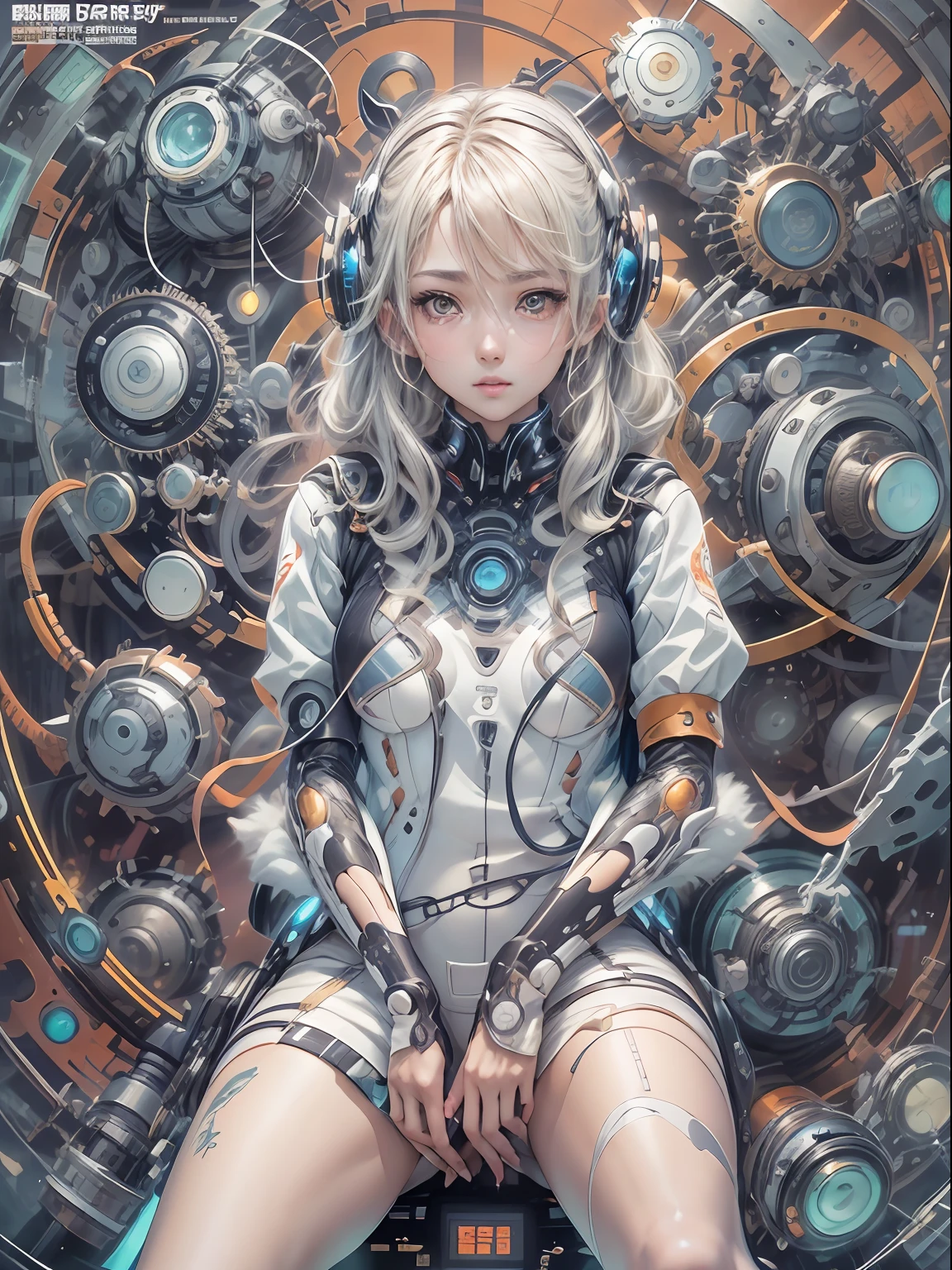 Manga magazine cover, expressive, luminous,menina bonito:1.2, roupas Techwear, Mechanical spider, Cabos, engrenagens, circles, fractais, art-station, CGSetnação, arte Carlos Meglia